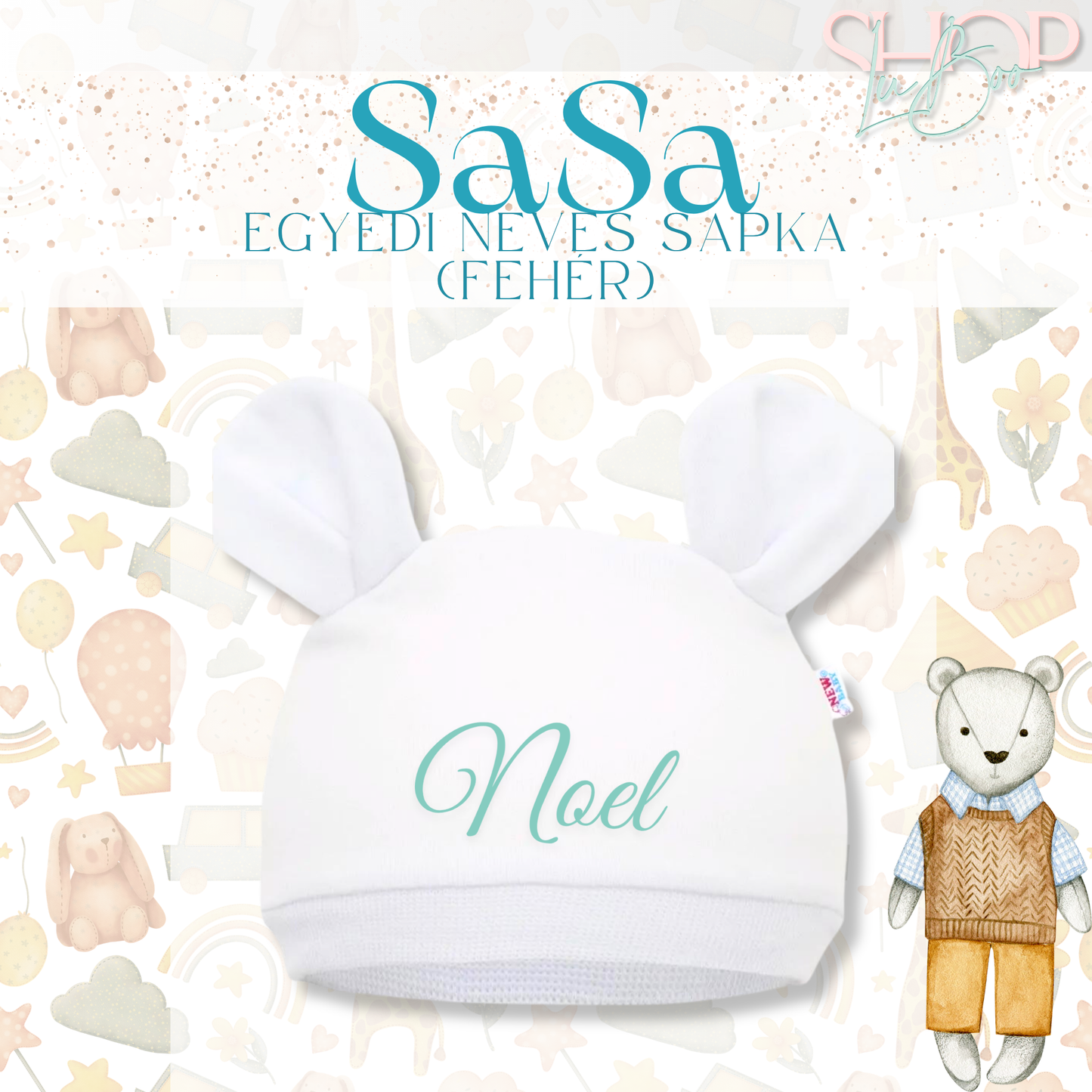 SaSa - Névre szóló baba sapka (fehér)