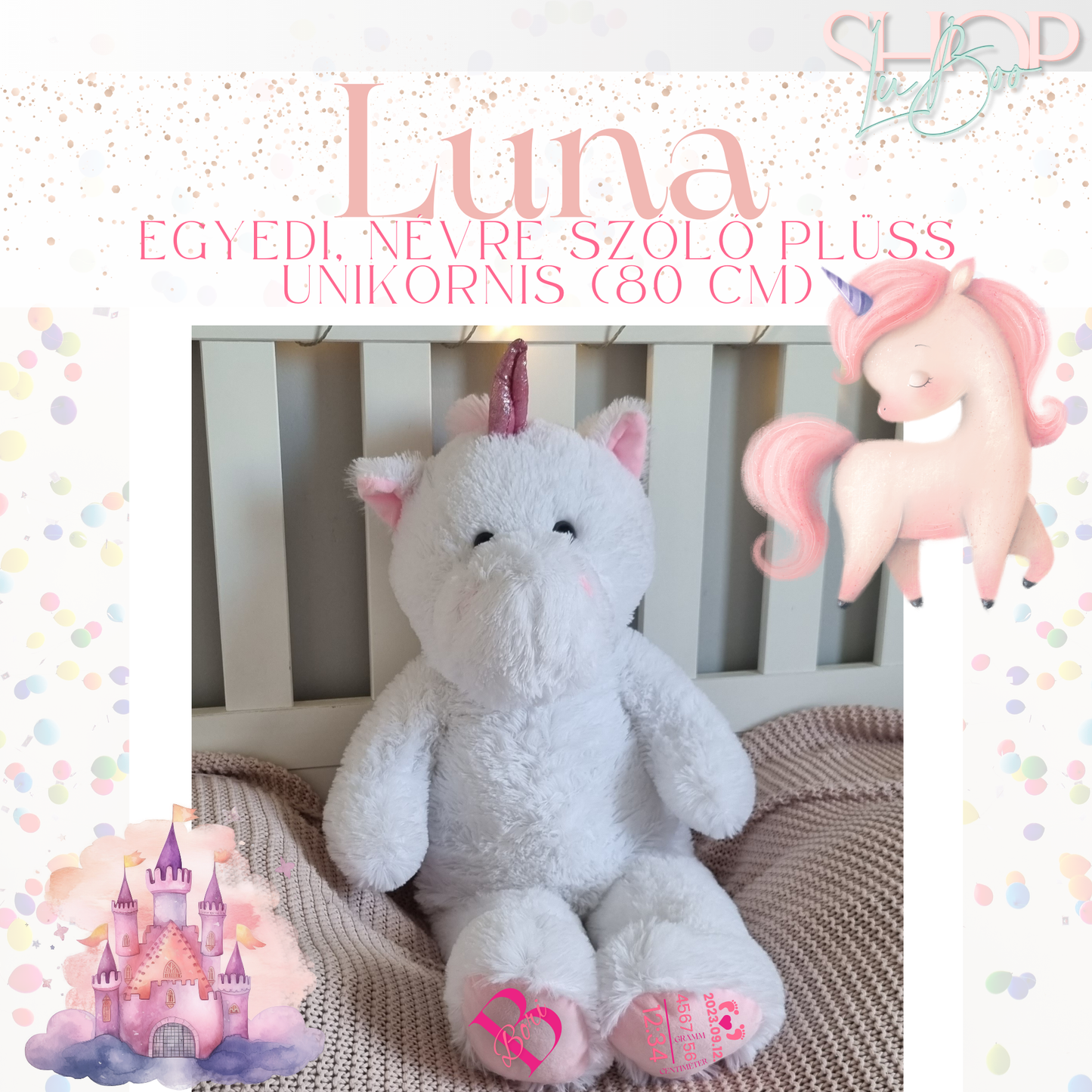 Luna óriás emlékőr plüss unikornis 80 cm – ShopLuBoo egyedi névre szóló ajándék