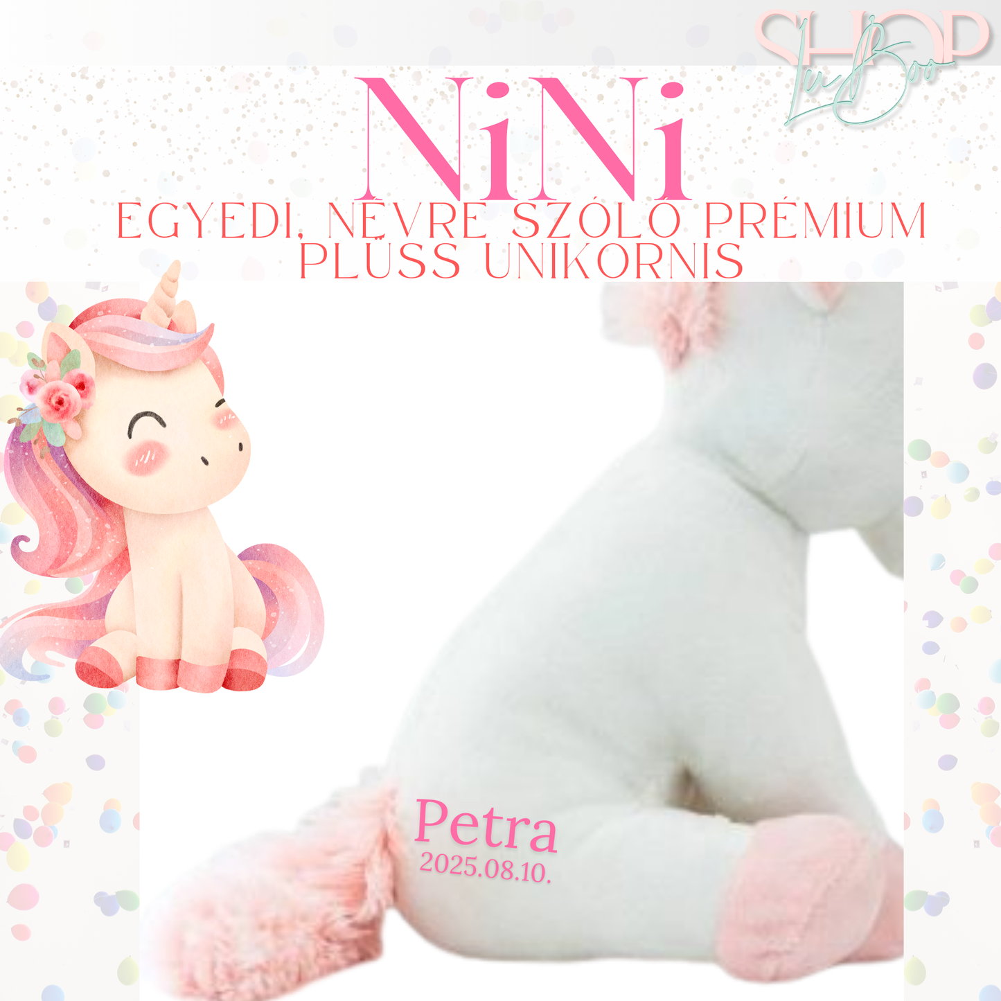 NiNi - Egyedi, névre szóló prémium plüss unikornis (22 cm)