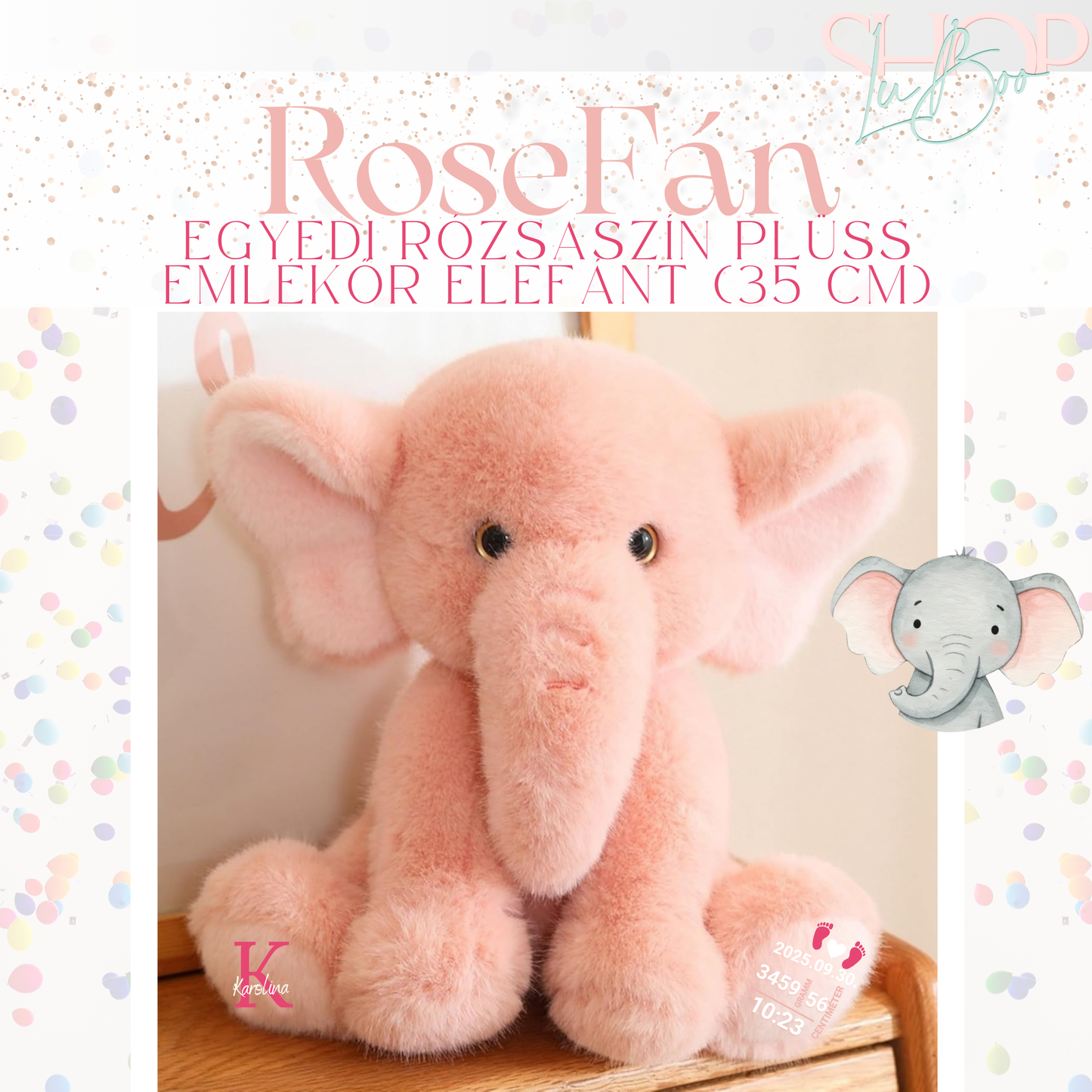 RoseFán – Sötétben világító emlékőr plüss elefánt tappancs (35 cm) – ShopLuBoo