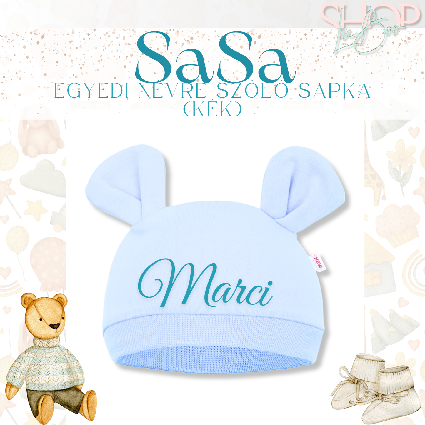 SaSa - Névre szóló baba sapka (kék)