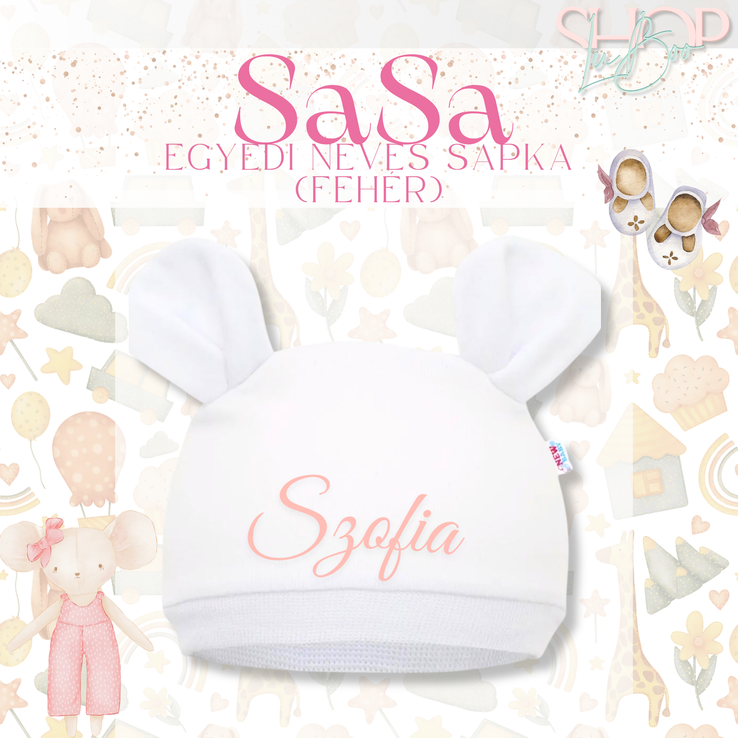 SaSa - Névre szóló baba sapka (fehér)