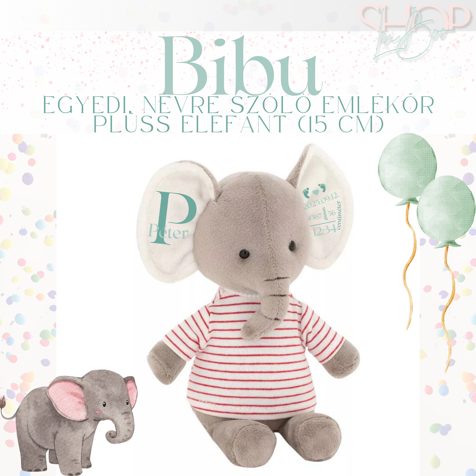 BiBu – Névre szóló emlékőr plüss elefánt pulcsiban fiús (15 cm) – ShopLuBoo