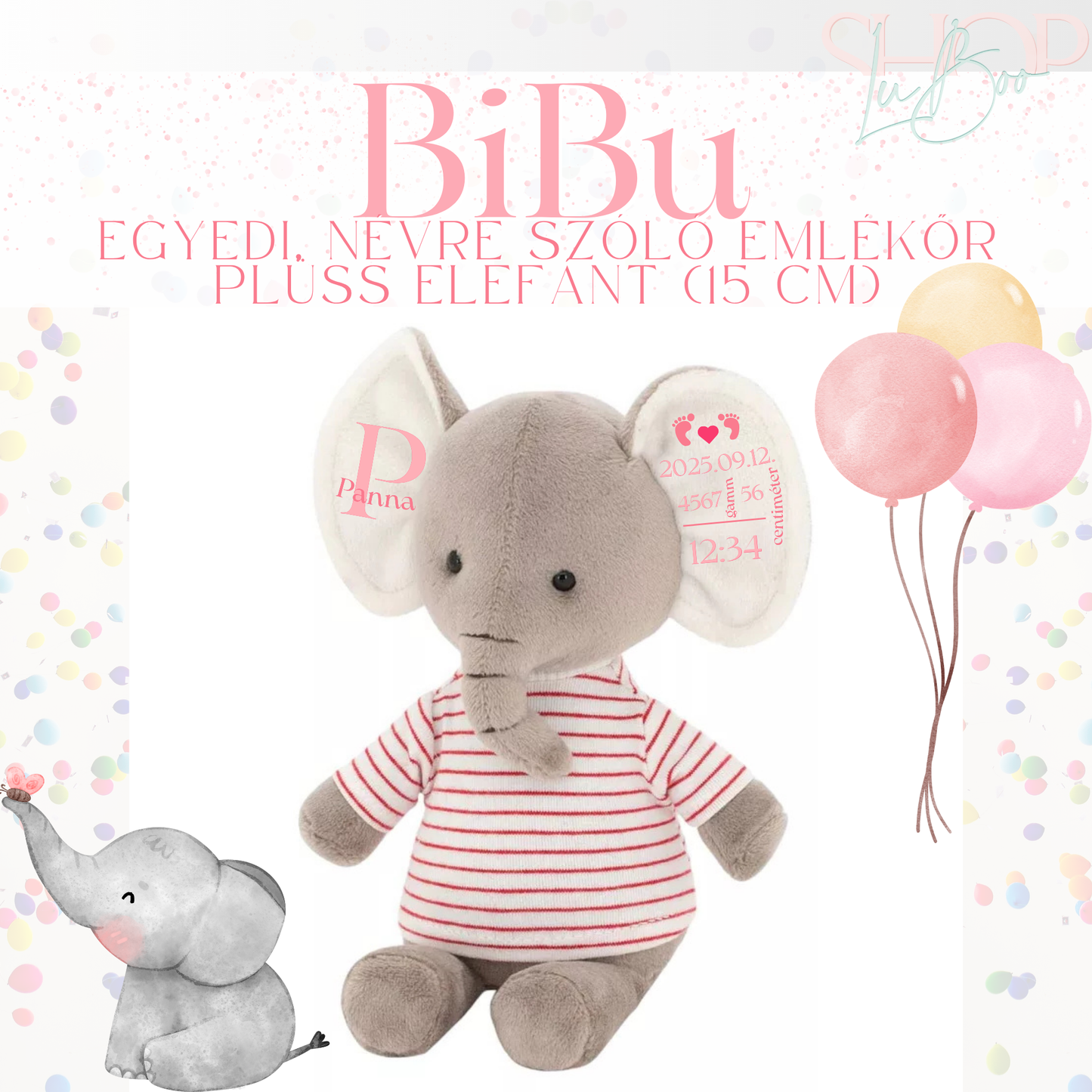 BiBu – Névre szóló emlékőr plüss elefánt pulcsiban lányos (15 cm) – ShopLuBoo