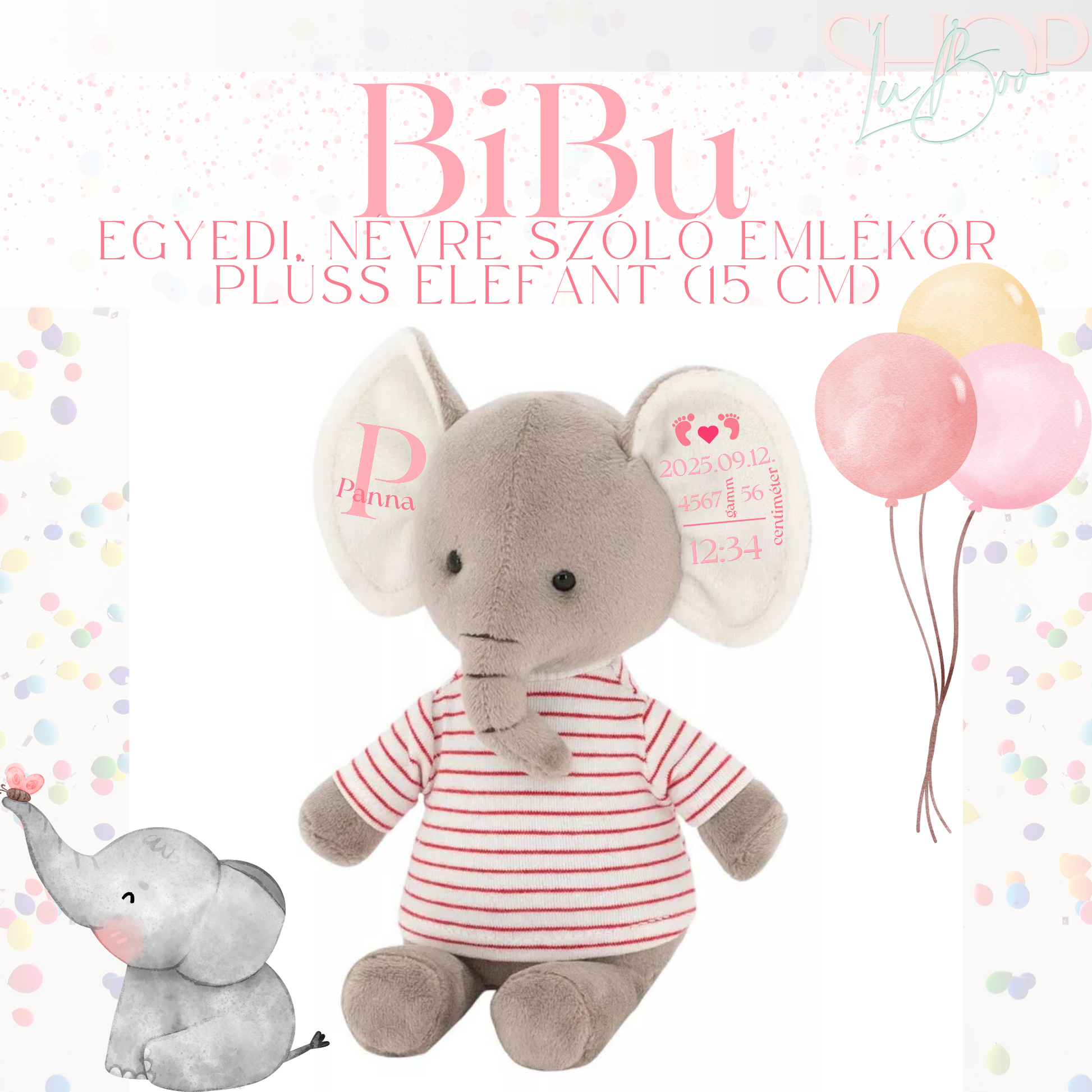 BiBu – Névre szóló emlékőr plüss elefánt pulcsiban lányos (15 cm) – ShopLuBoo