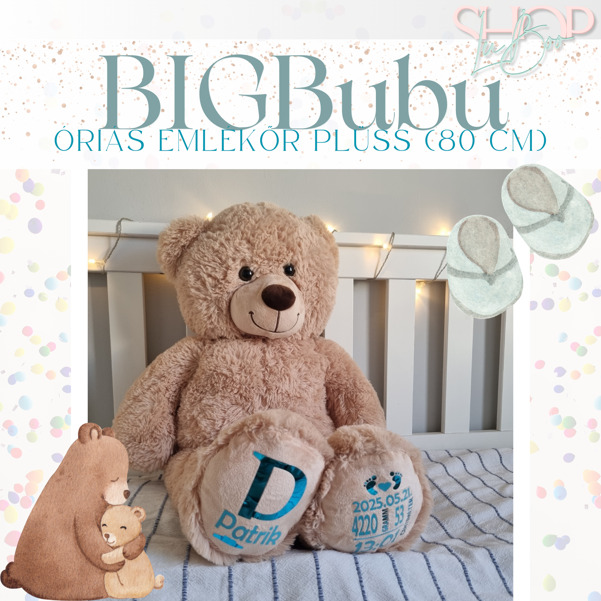 BIGBubu óriás emlékőr plüss maci fiús (80 cm) – névre szóló babaajándék – ShopLuBoo
