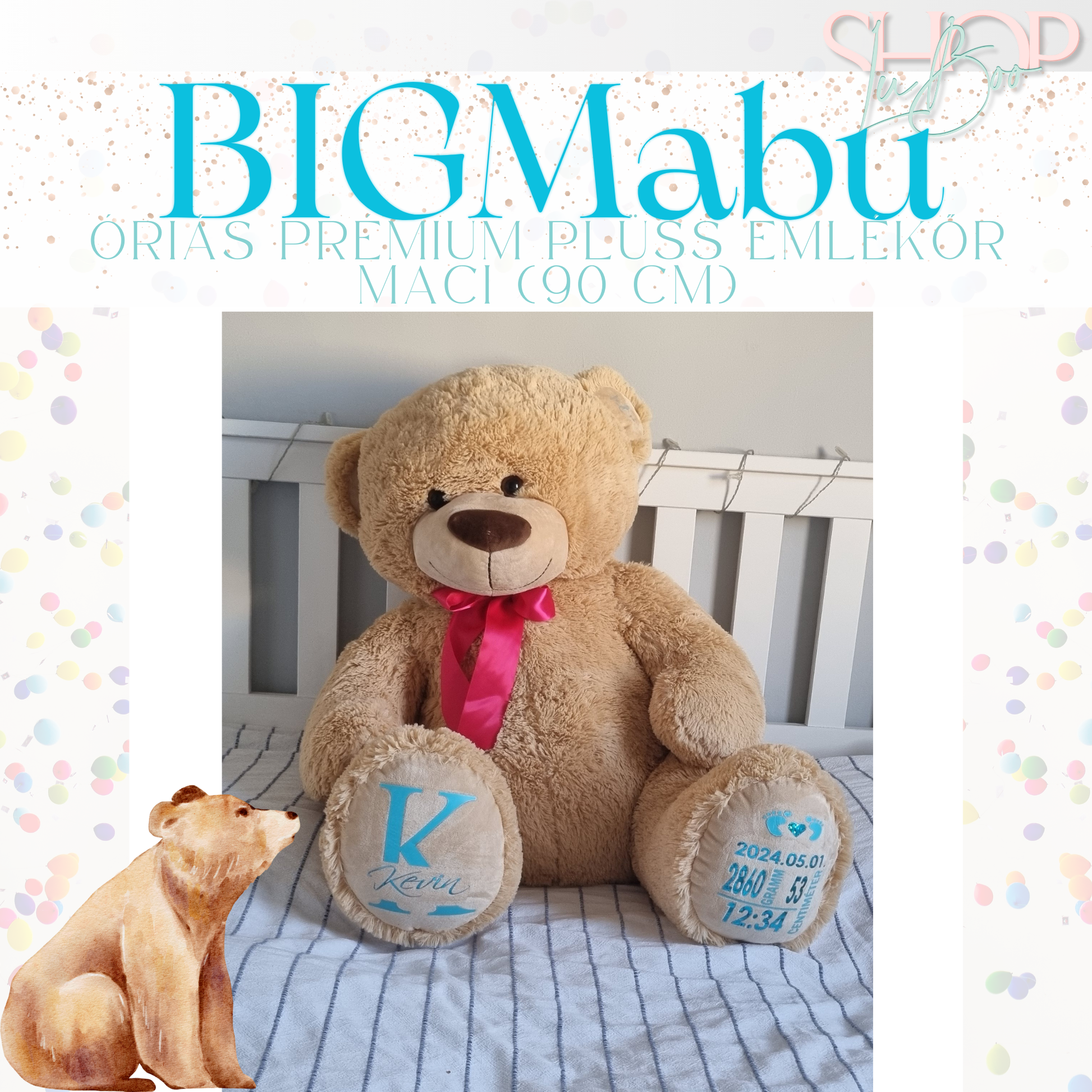BIGMaBu óriás emlékőr plüss maci barna fiús változat – névre szóló babajándék | ShopLuBoo
