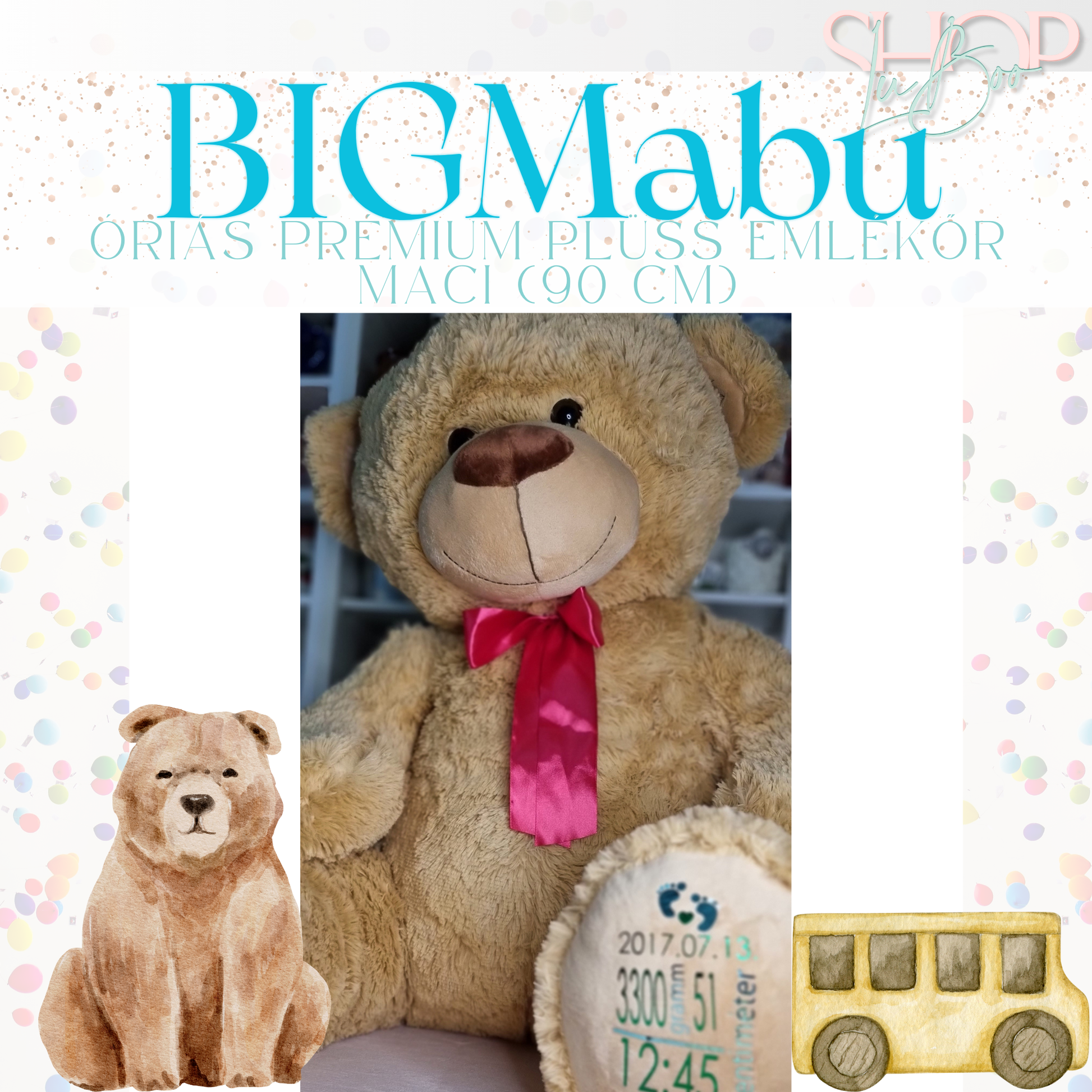 BIGMaBu óriás emlékőr plüss maci barna fiús részlet – személyre szabott babajándék | ShopLuBoo