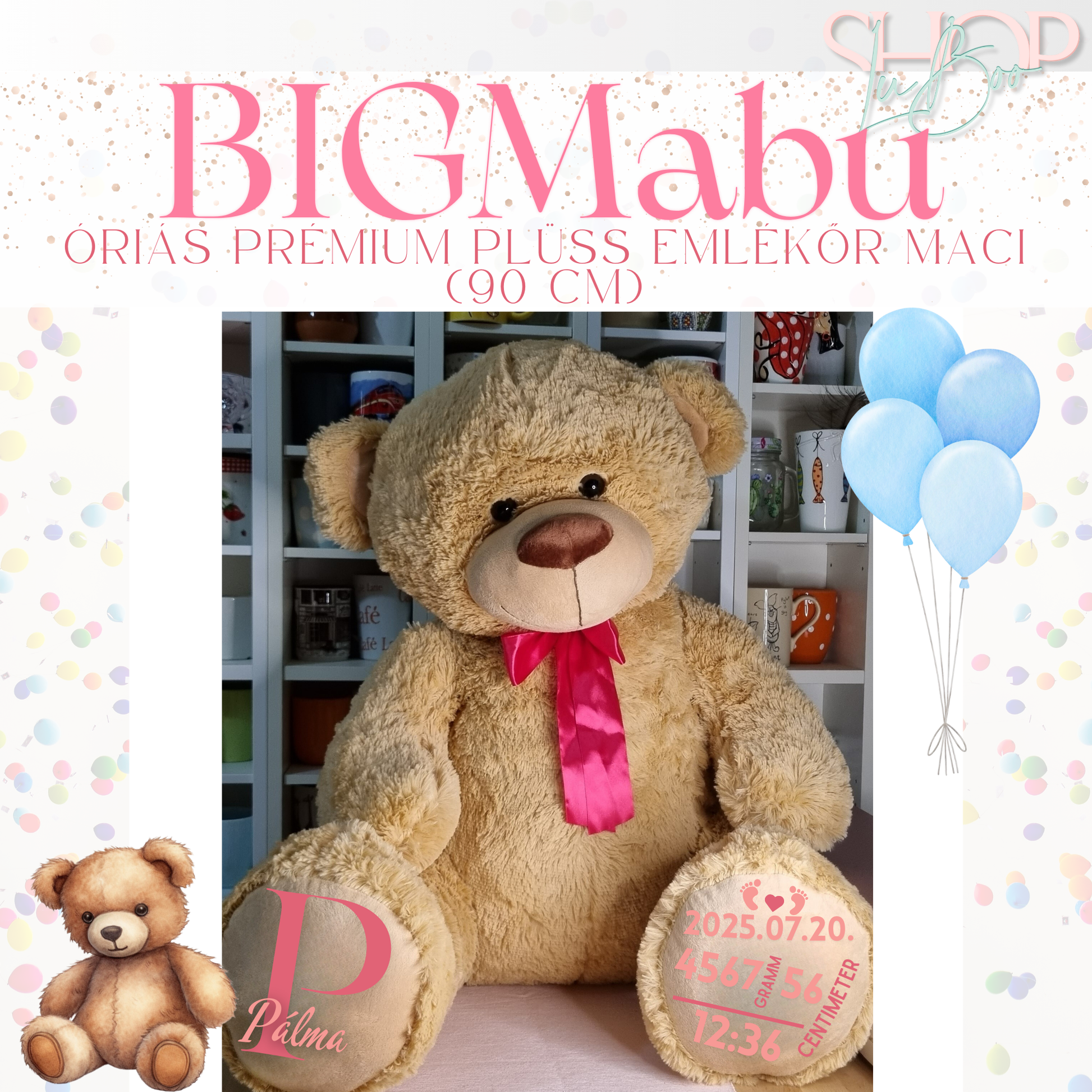 BIGMaBu óriás emlékőr plüss maci barna lányos változat – névre szóló babajándék | ShopLuBoo