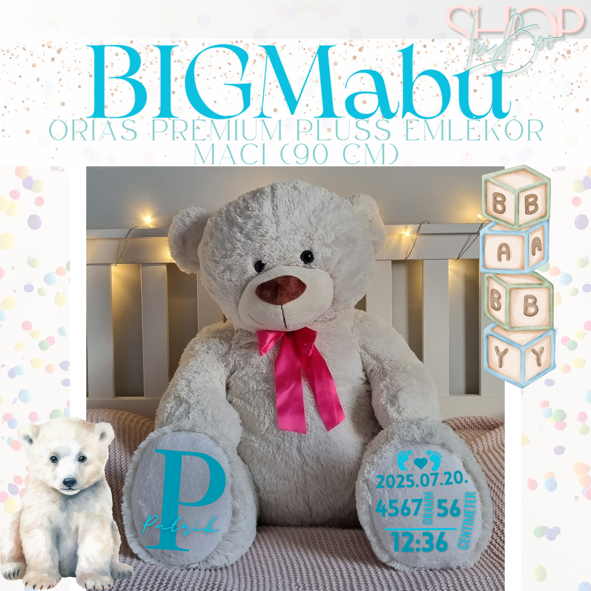 BIGMaBu óriás emlékőr plüss maci fehér fiús változat – névre szóló babajándék | ShopLuBoo