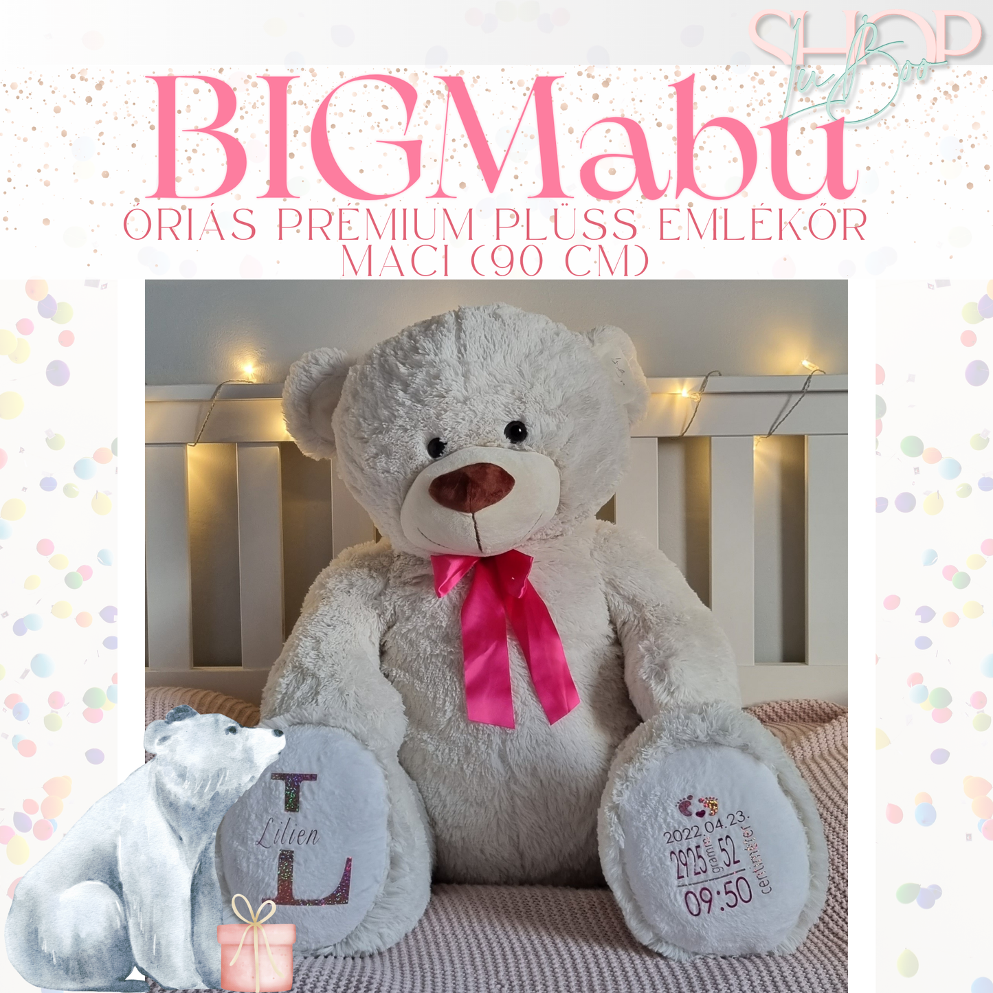 BIGMaBu óriás emlékőr plüss maci fehér lányos változat – névre szóló babajándék | ShopLuBoo