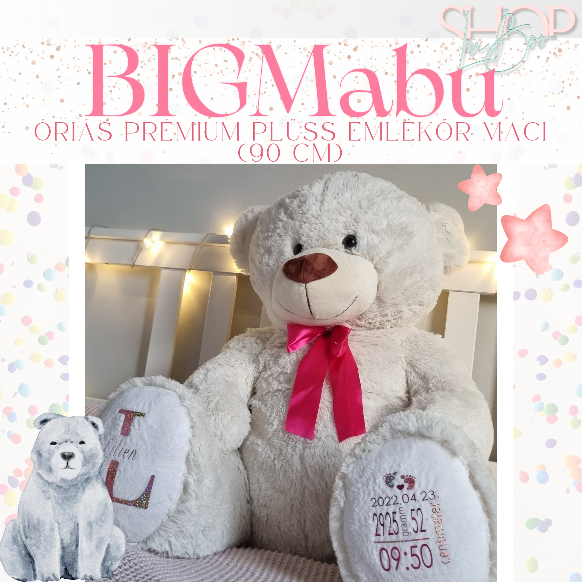 BIGMaBu óriás emlékőr plüss maci fehér lányos részlet – személyre szabott babajándék