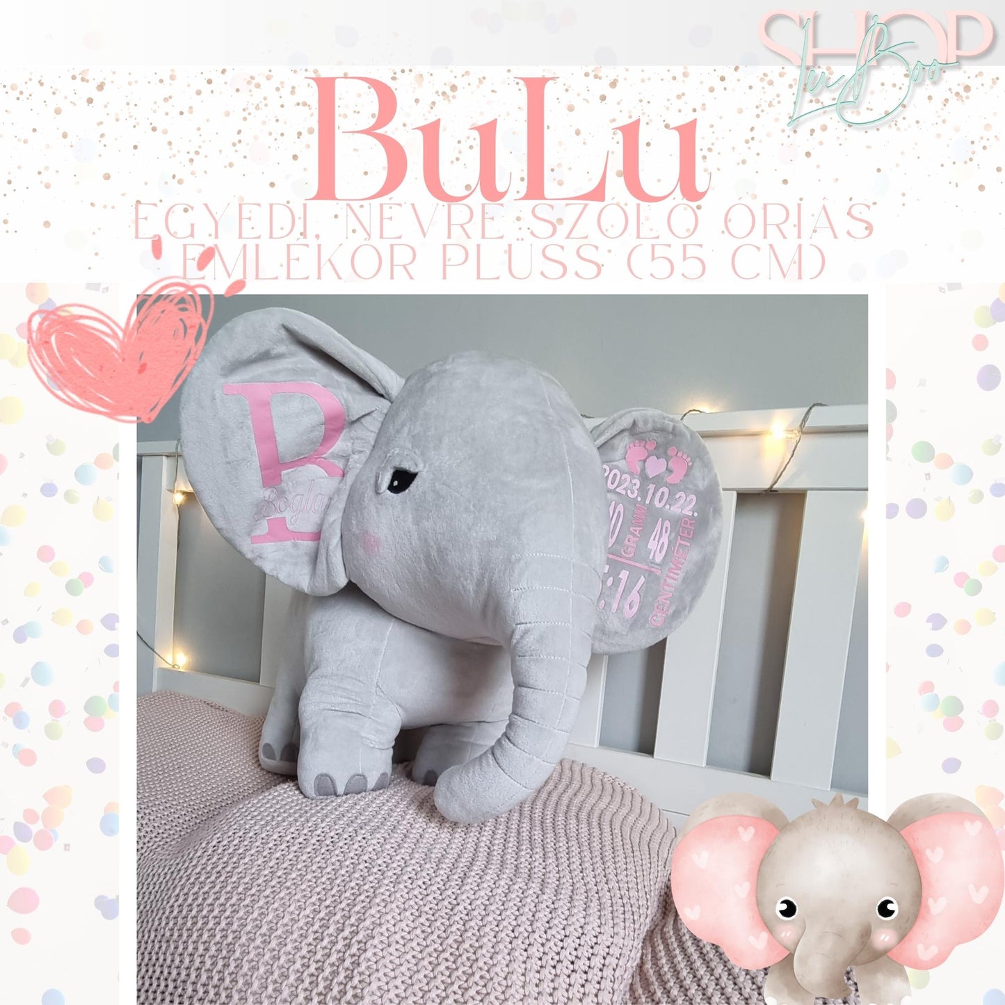 BuLu óriás emlékőr plüss elefánt lányos részlet – névre szóló babajándék