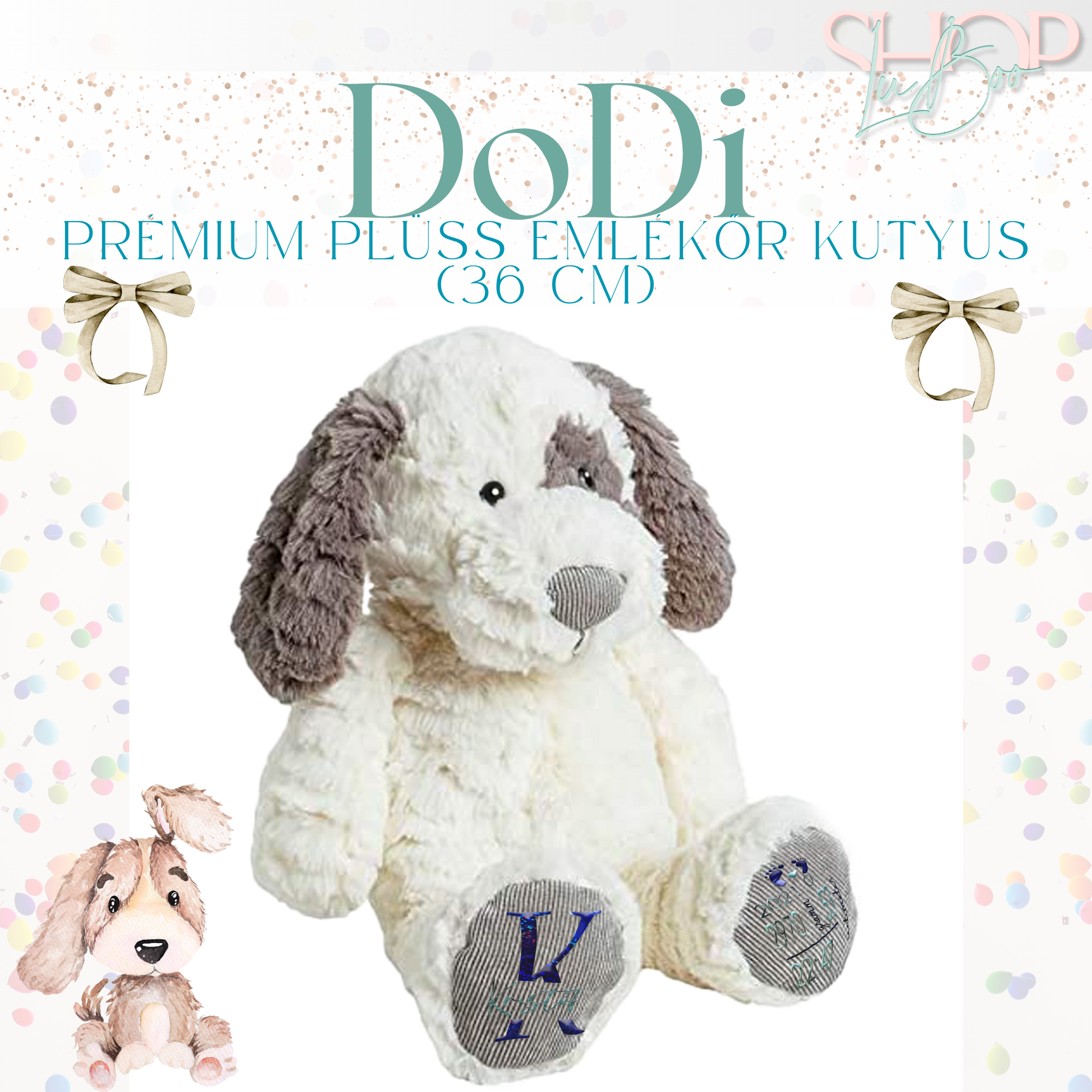 Dodi prémium plüss emlékőr kutyus fiús változat – névre szóló babajándék | ShopLuBoo