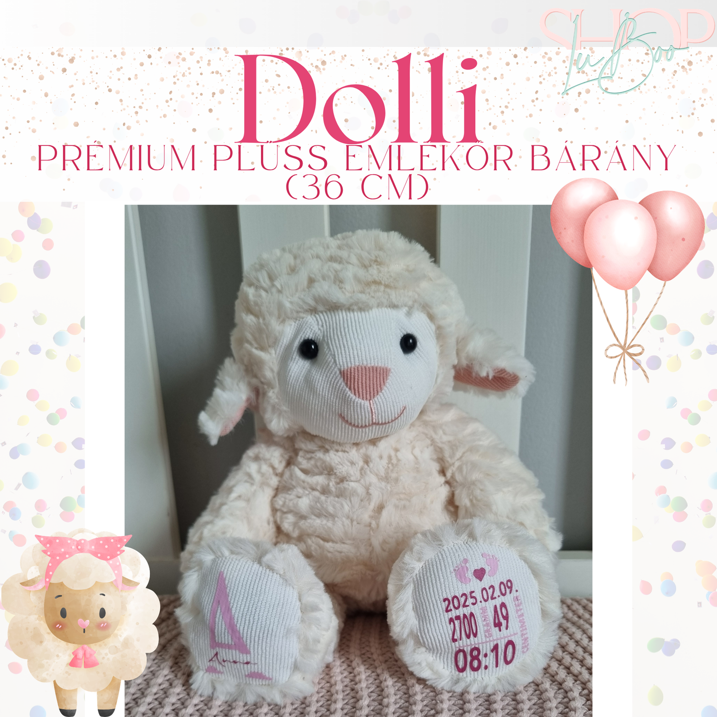Dolli prémium plüss emlékőr bárány lányos változat – névre szóló babajándék | ShopLuBoo