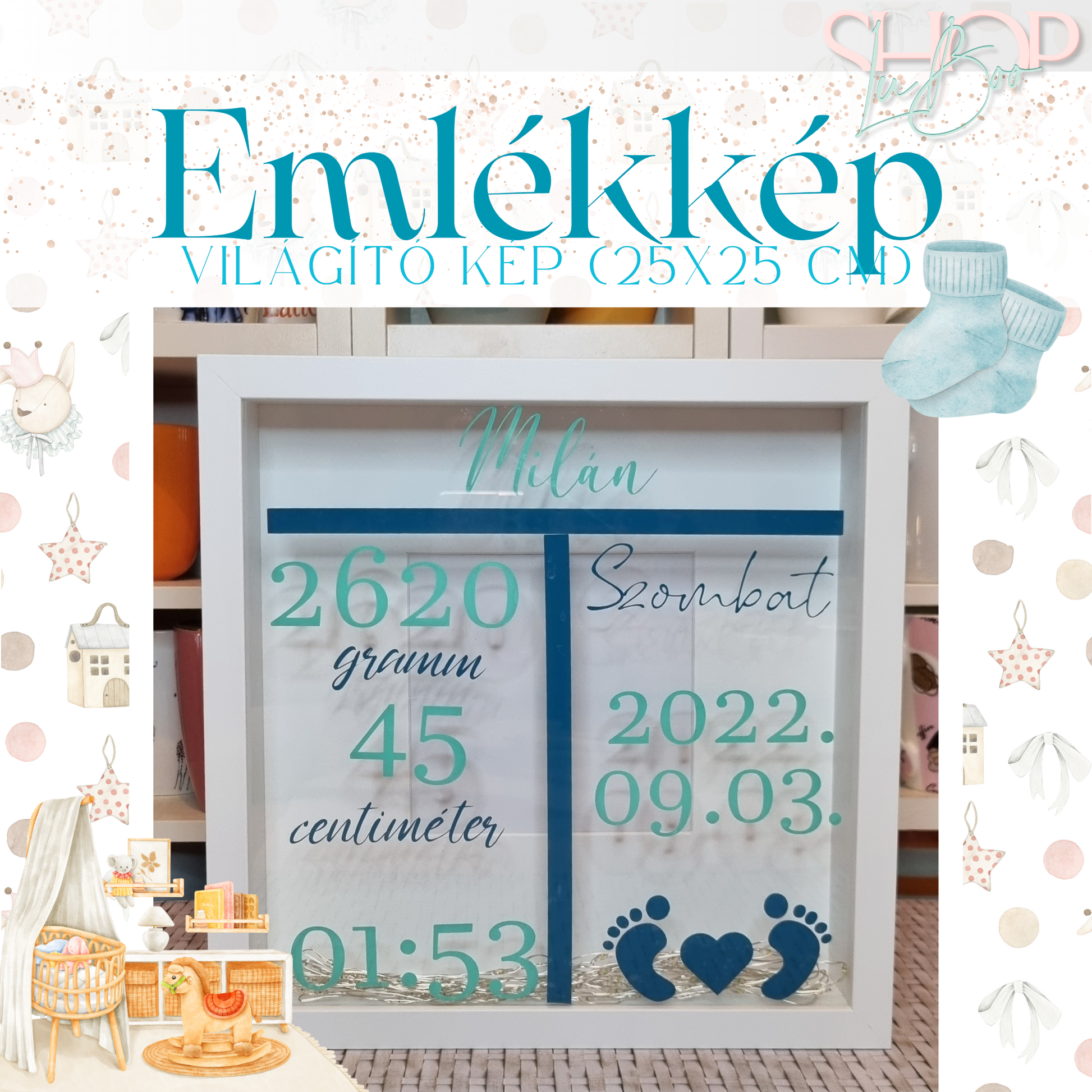 Emlékkép világító emlékőr kép fiús (25x25 cm) – névre szóló babaajándék – ShopLuBoo