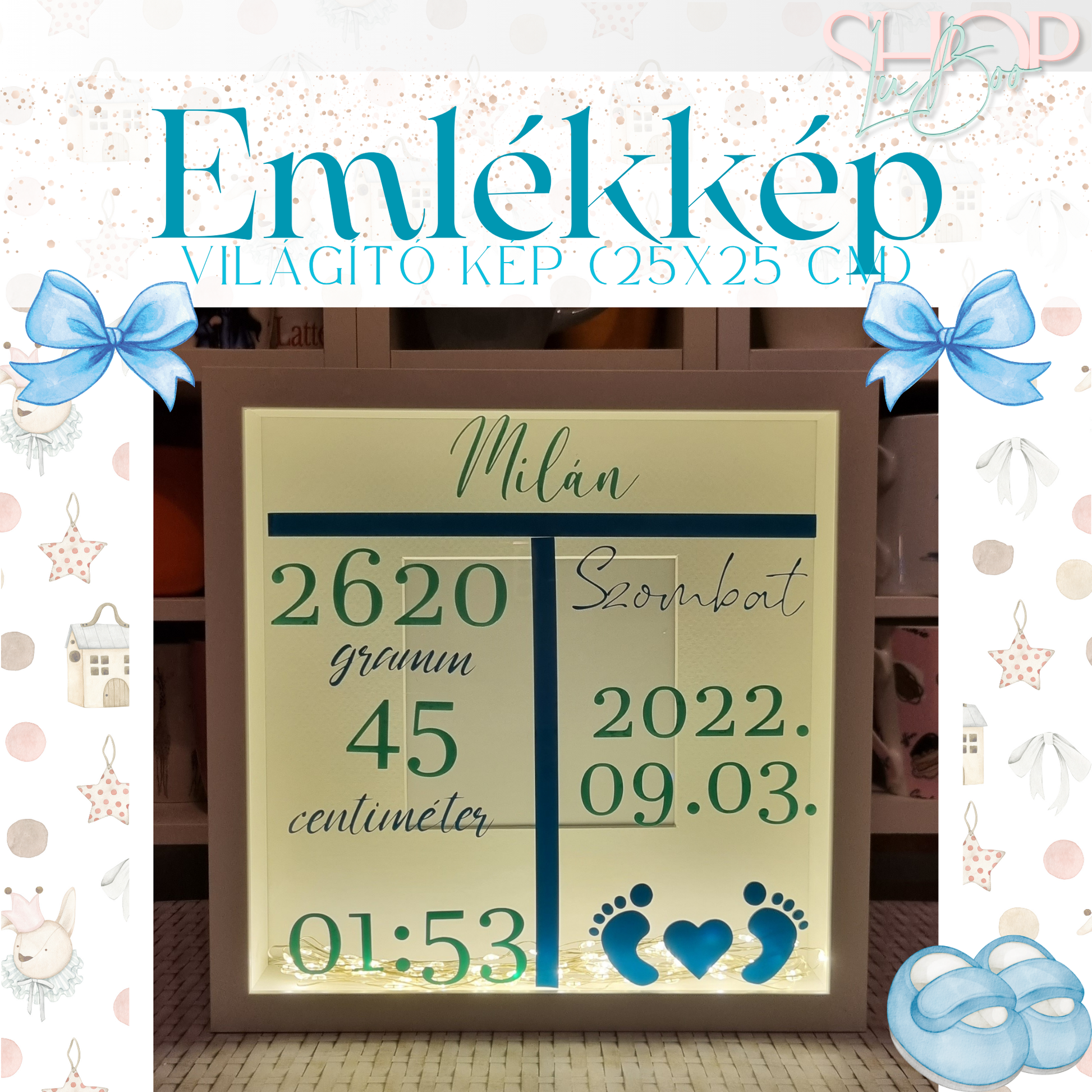 Emlékkép világító emlékőr kép fiús (25x25 cm) – névre szóló babaajándék – ShopLuBoo