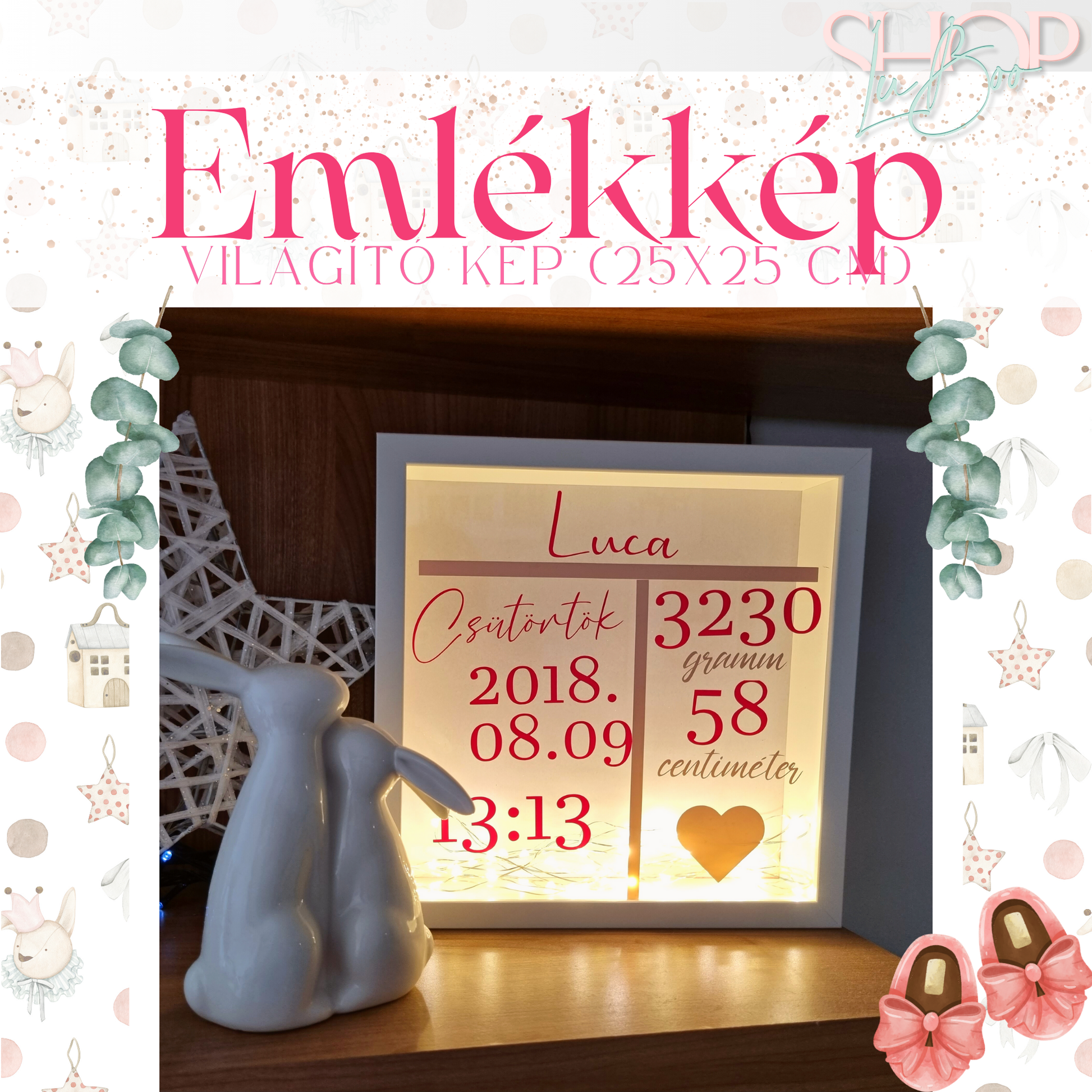 Emlékkép világító emlékőr kép lányos (25x25 cm) – névre szóló babaajándék – ShopLuBoo