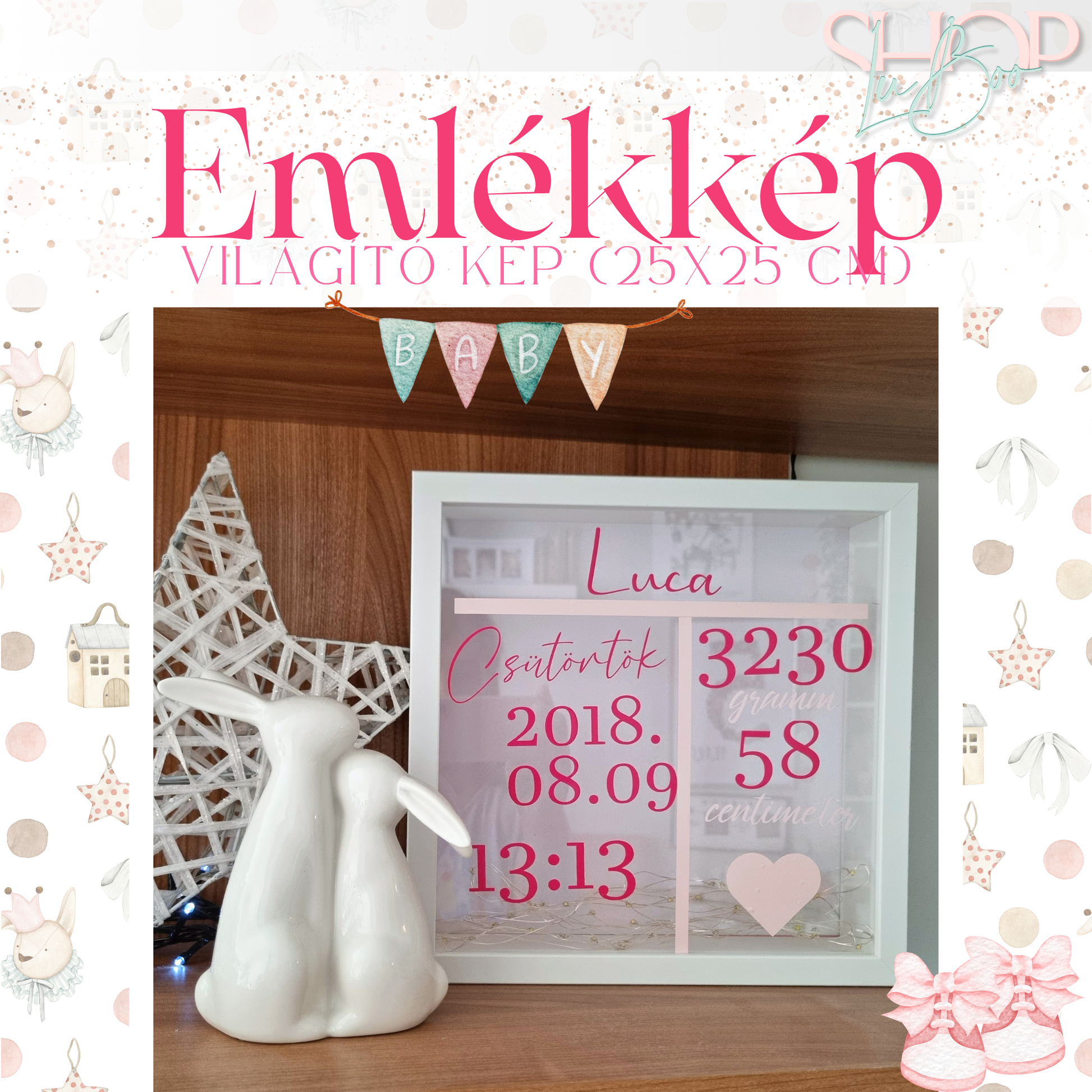 Emlékkép világító emlékőr kép lányos (25x25 cm) – névre szóló babaajándék – ShopLuBoo
