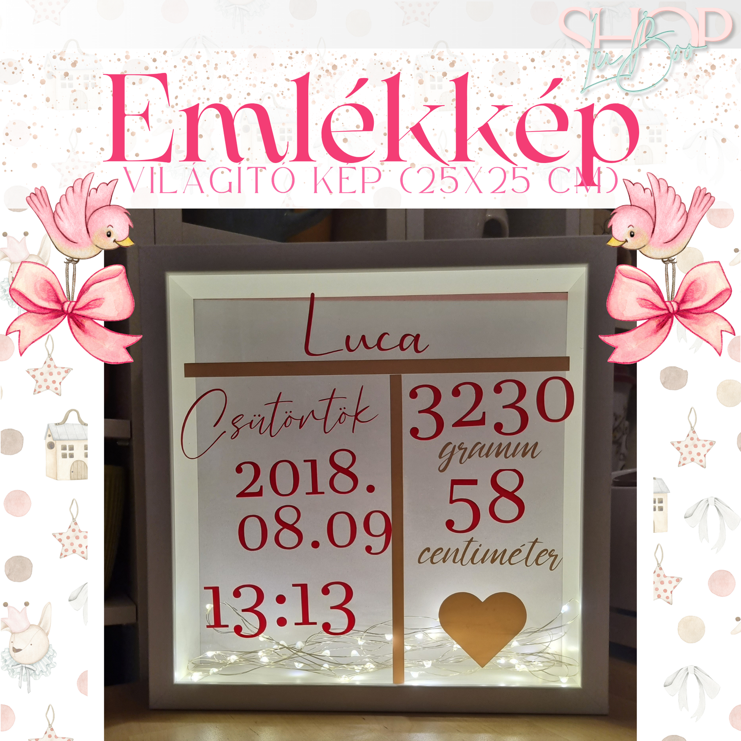 Emlékkép világító emlékőr kép lányos (25x25 cm) – névre szóló babaajándék – ShopLuBoo