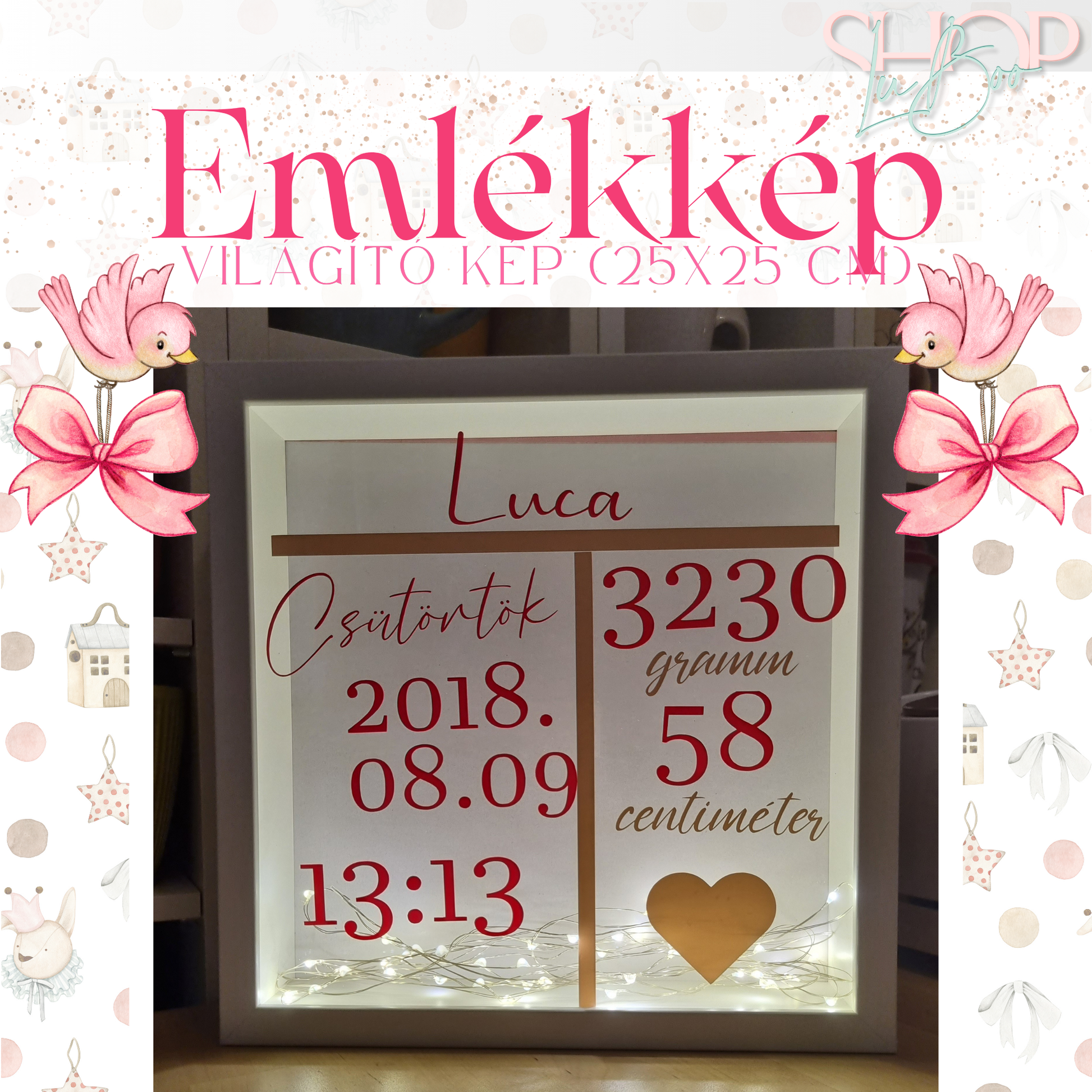 Emlékkép világító emlékőr kép lányos (25x25 cm) – névre szóló babaajándék – ShopLuBoo