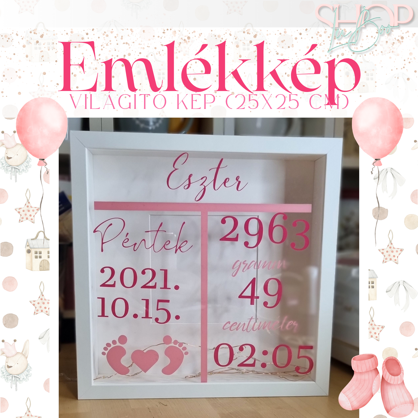 Emlékkép világító emlékőr kép lányos (25x25 cm) – névre szóló babaajándék – ShopLuBoo