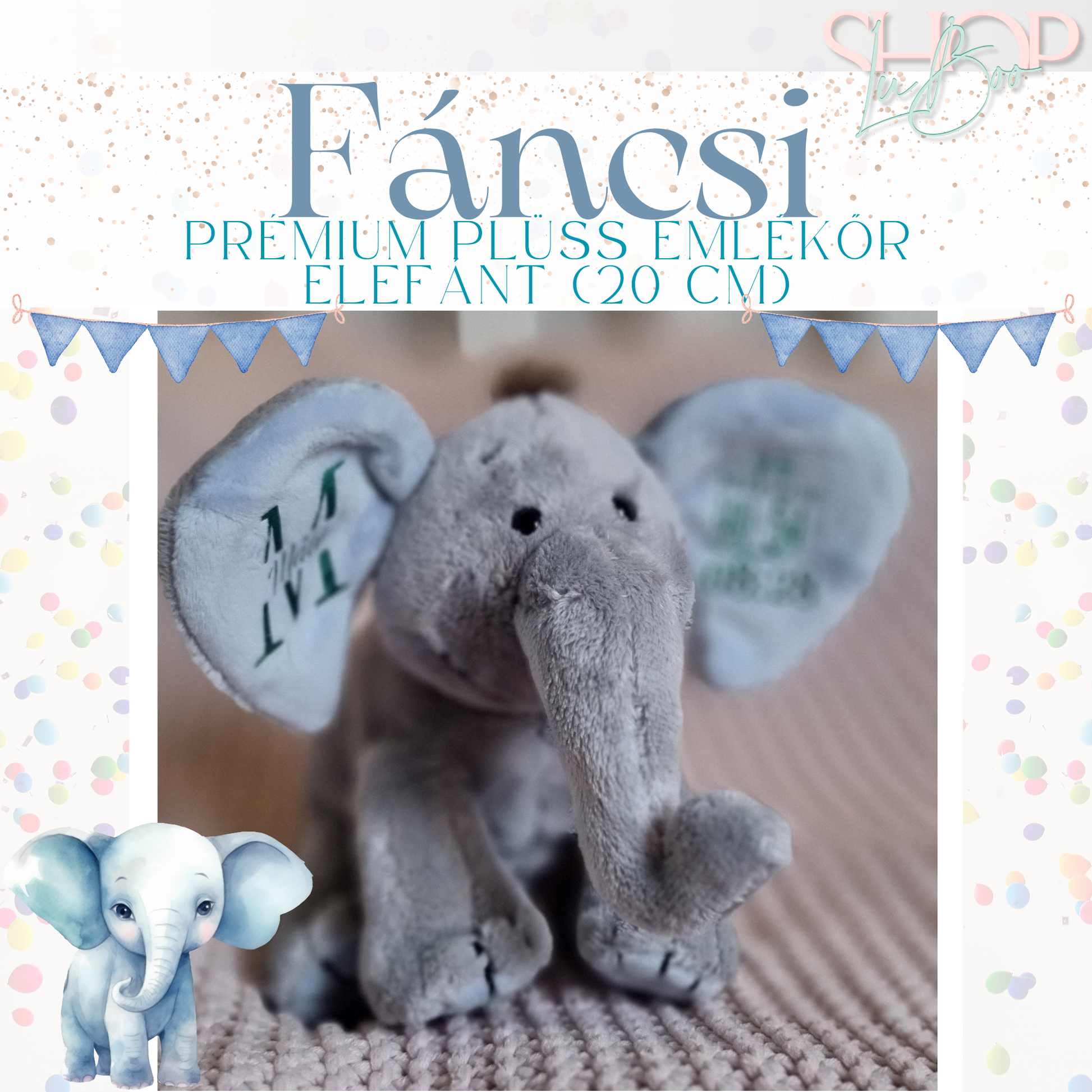 Fáncsi 20 cm plüss emlékőr elefánt fiús részlet – egyedi névre szóló ajándék | ShopLuBoo