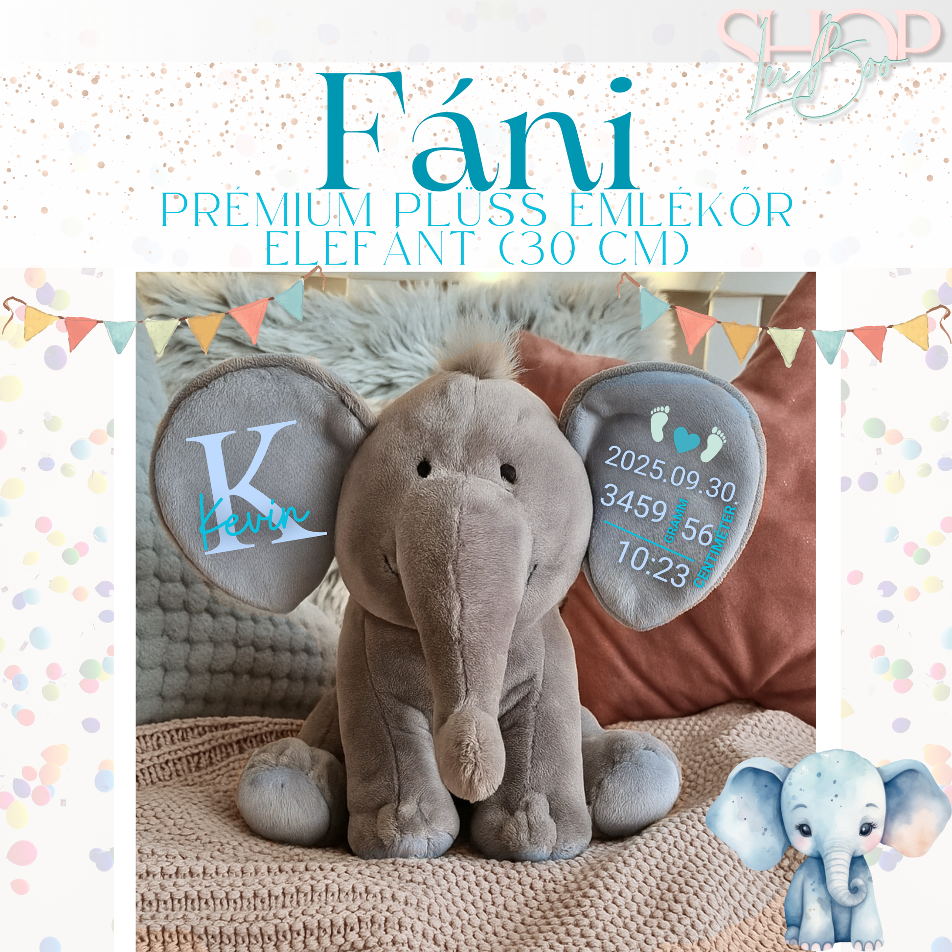 Fáni prémium plüss elefánt fiús változat – névre szóló babajándék | ShopLuBoo