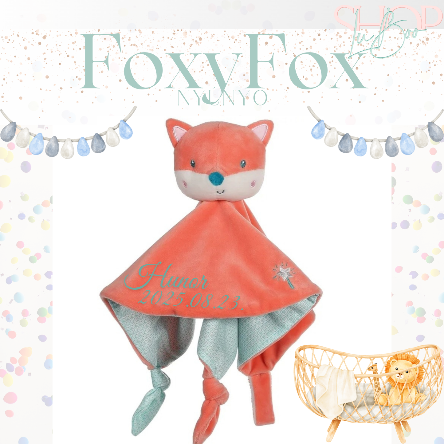 FoxFoy róka nyúnyó fiús dátumfelirattal – névre szóló babajándék | ShopLuBoo