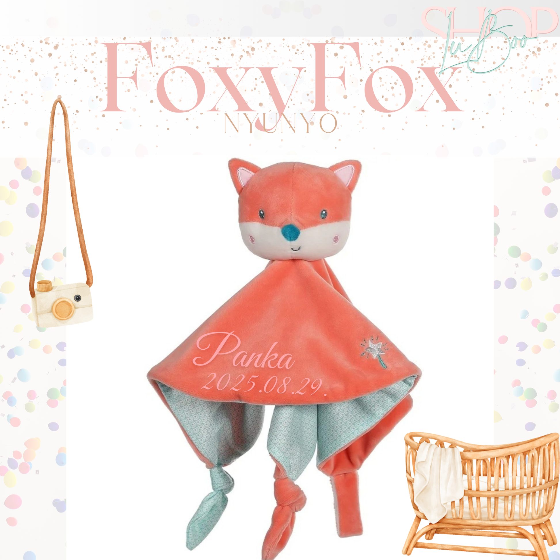 FoxFoy róka nyúnyó lányos dátumfelirattal – névre szóló babajándék | ShopLuBoo