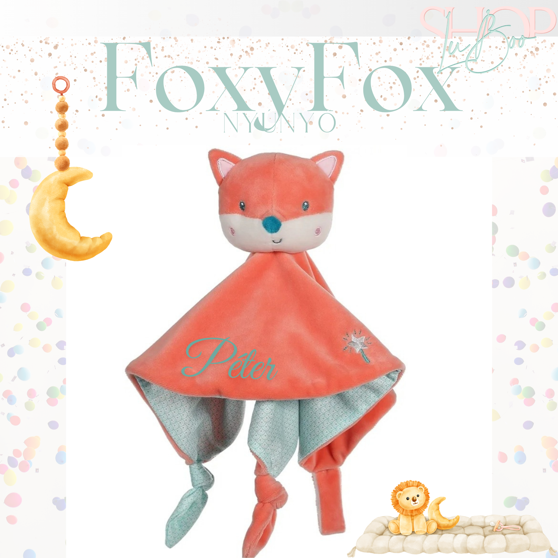 FoxFoy róka nyúnyó fiús névfelirattal – személyre szabott babajándék | ShopLuBoo