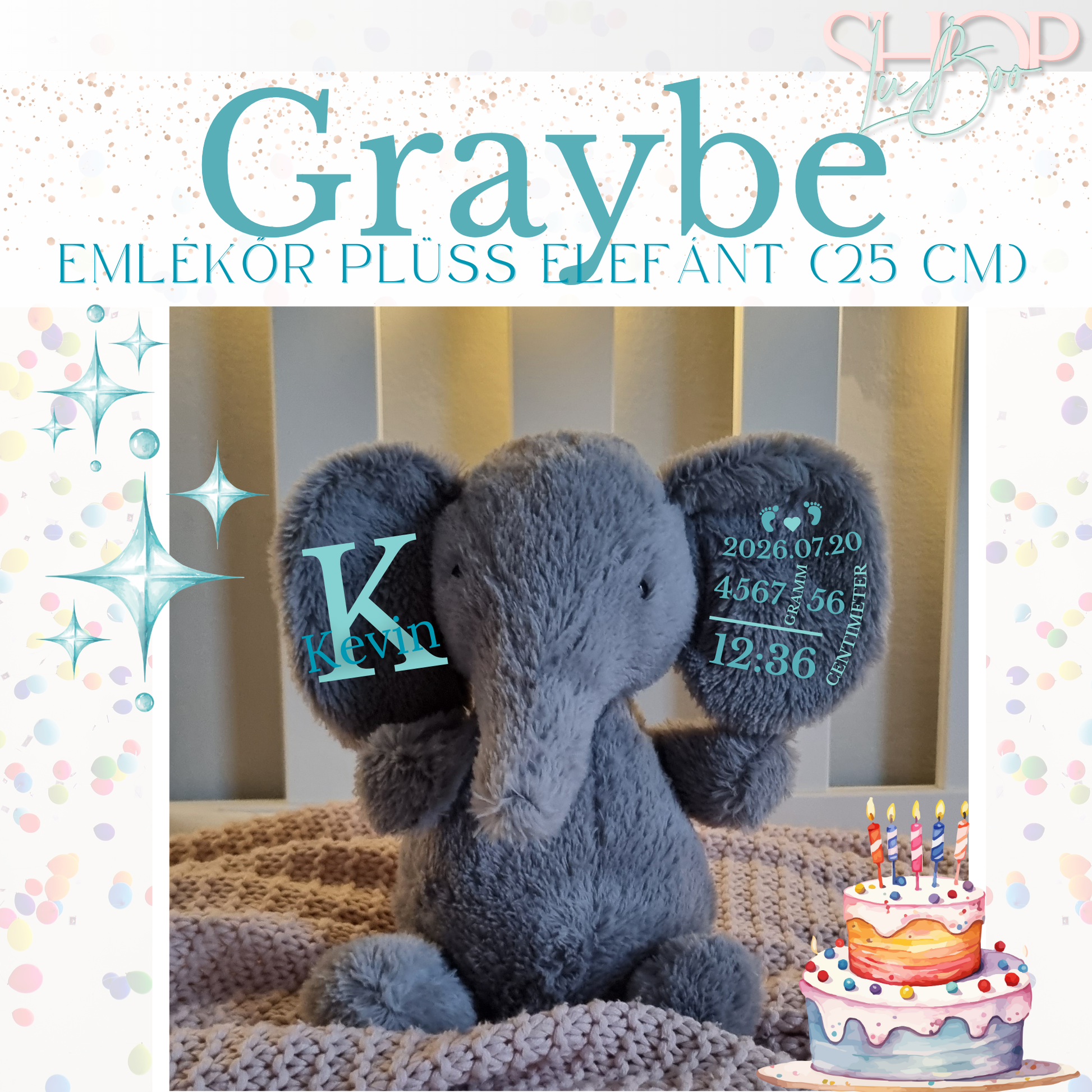 Graybe – Névre szóló emlékőr plüss elefánt fiús (25 cm) – egyedi babaajándék – ShopLuBoo