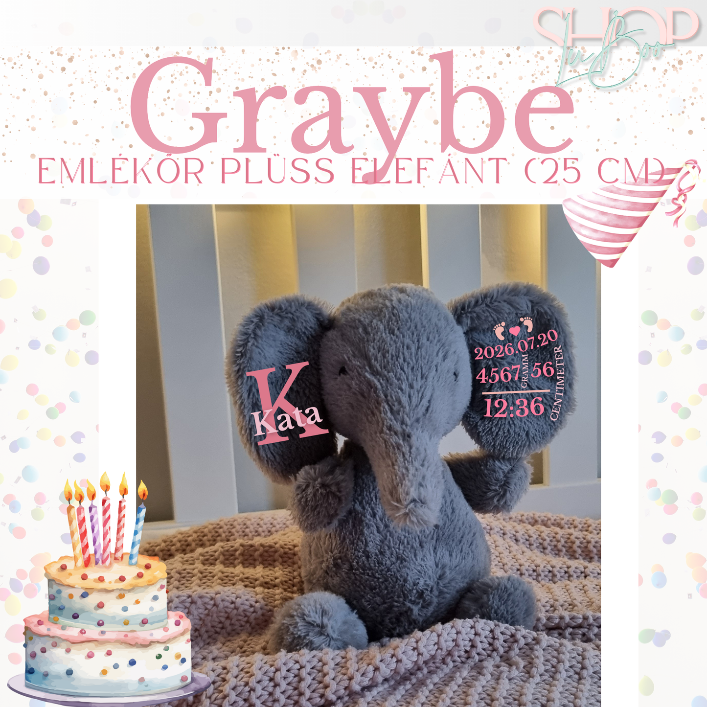 Graybe – Névre szóló emlékőr plüss elefánt lányos (25 cm) – egyedi babaajándék – ShopLuBoo
