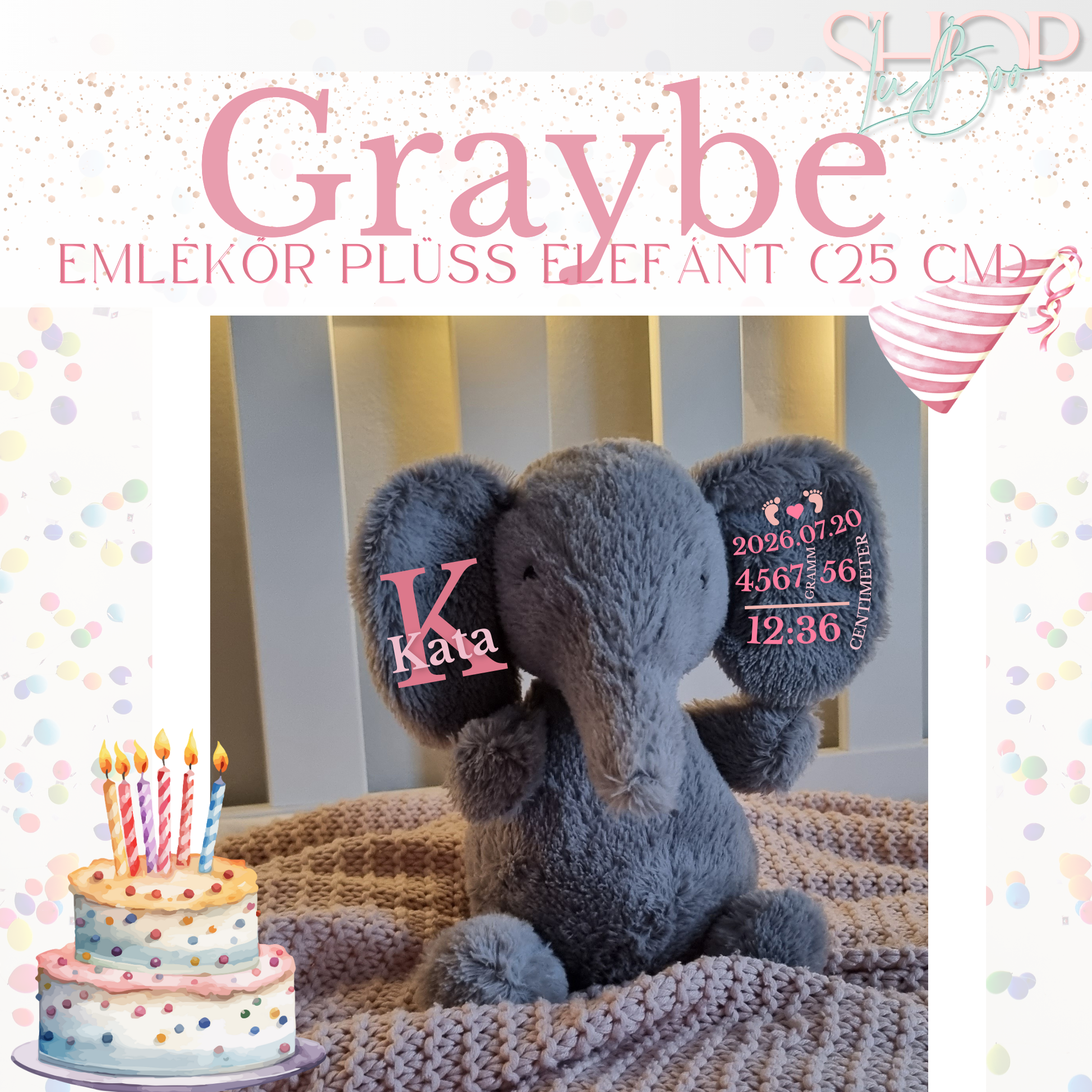 Graybe – Névre szóló emlékőr plüss elefánt lányos (25 cm) – egyedi babaajándék – ShopLuBoo