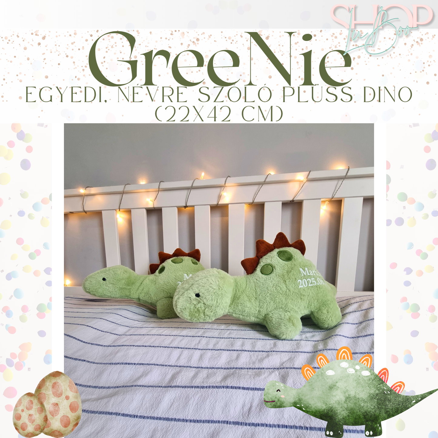 GreeNie - Egyedi, névre szóló plüss dino (22x42 cm)