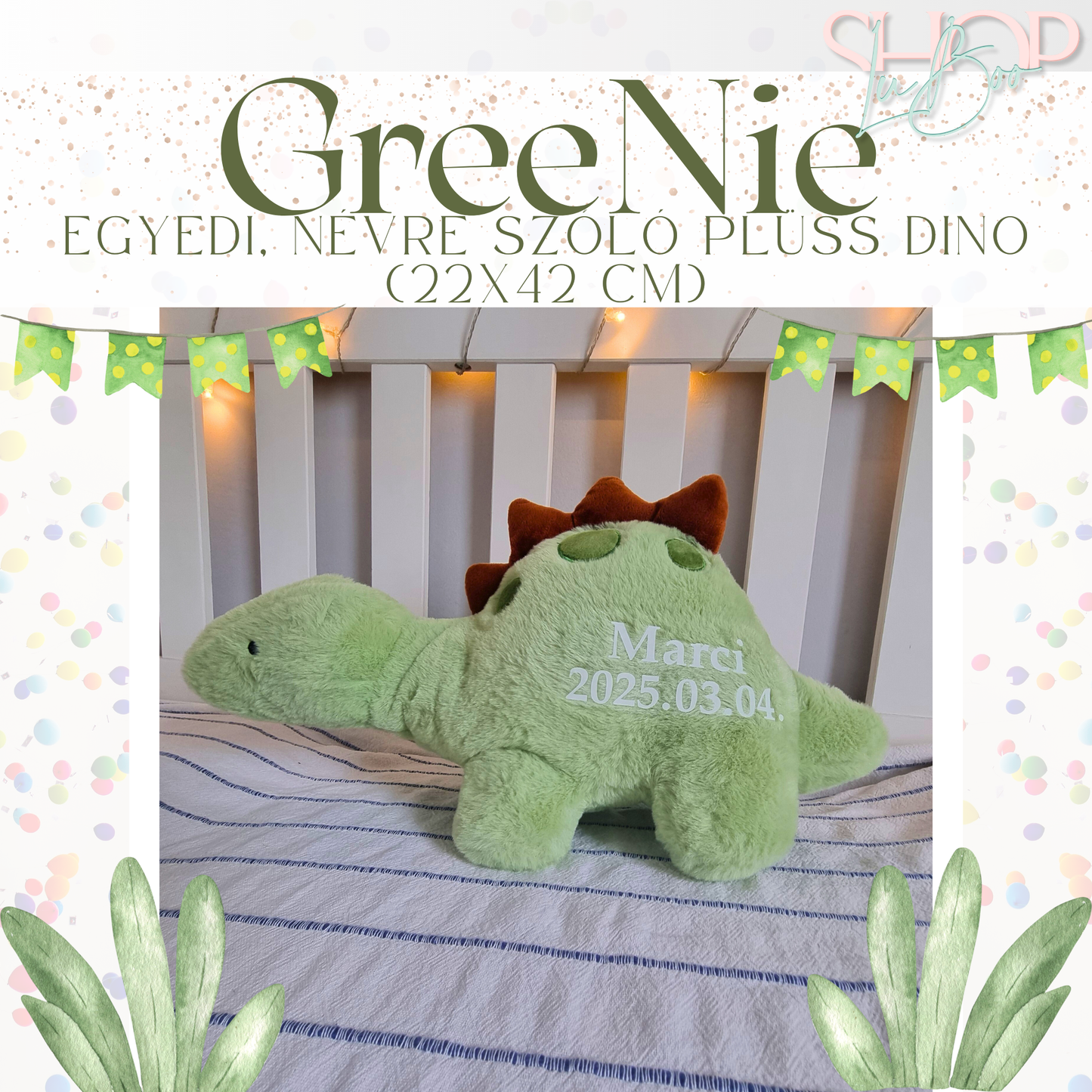 GreeNie - Egyedi, névre szóló plüss dino (22x42 cm)