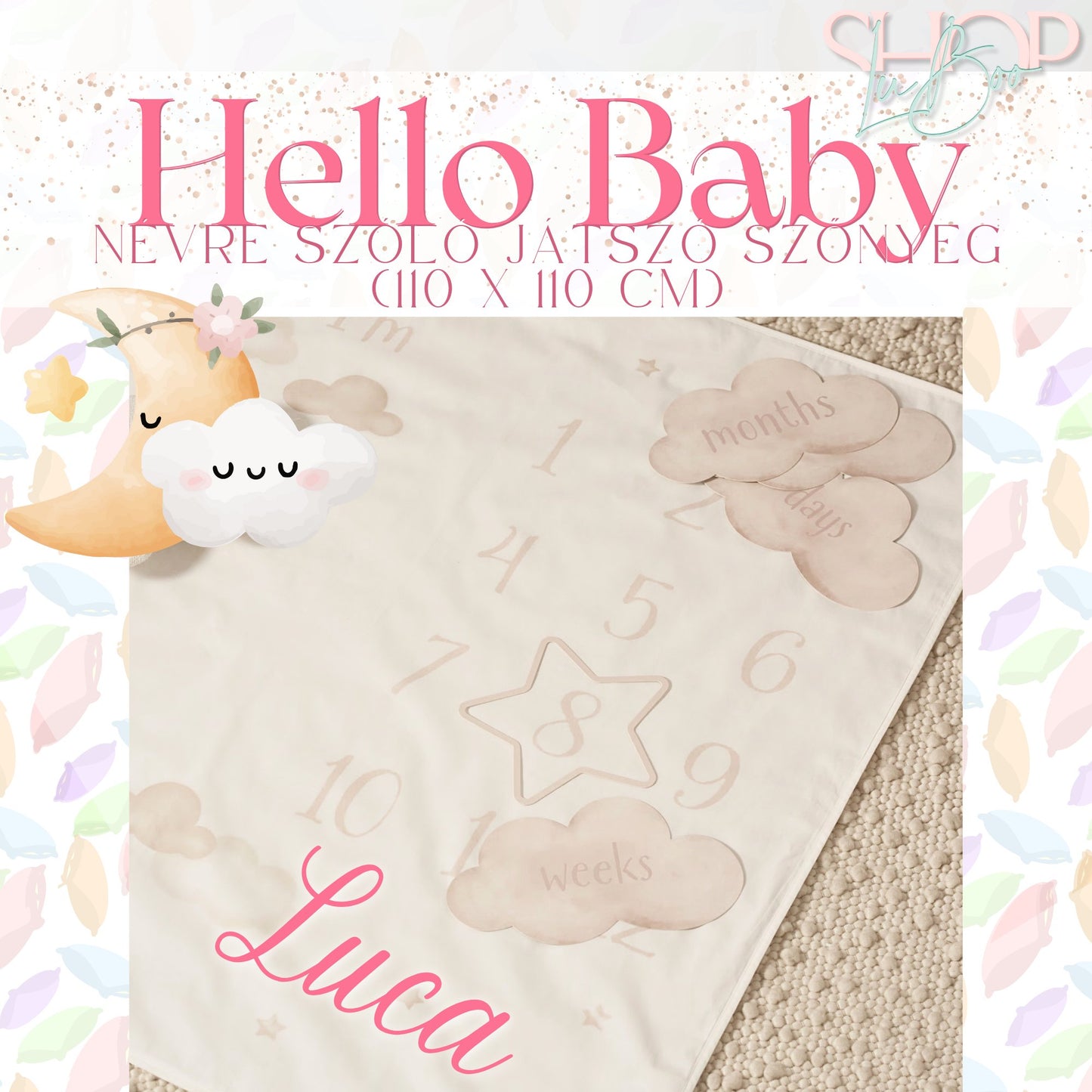 Hello Baby - Névre szóló mérföldkő játszószőnyeg (110x110 cm)