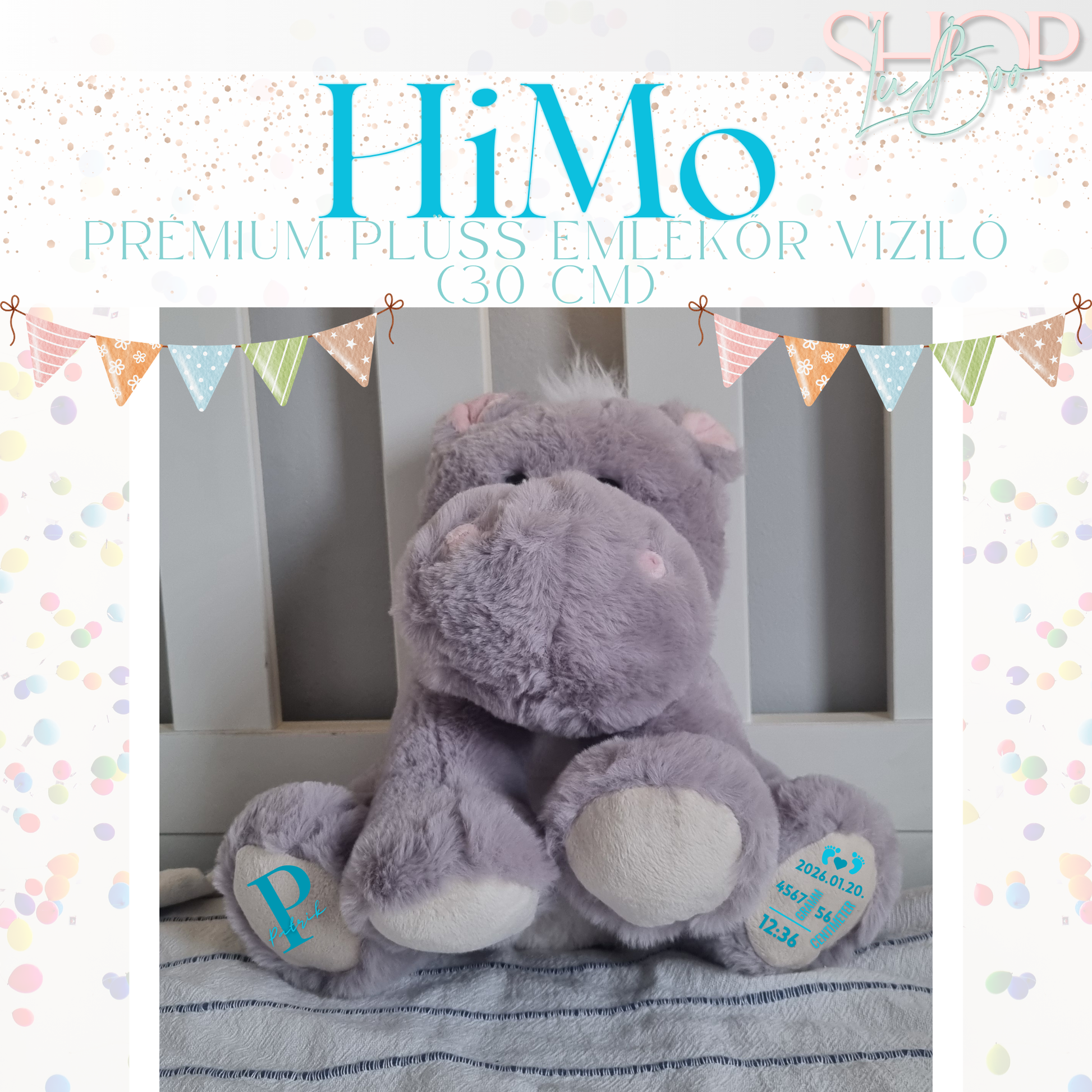 HiMo – Névre szóló emlékőr plüss víziló fiús (36 cm) – egyedi babaajándék – ShopLuBoo