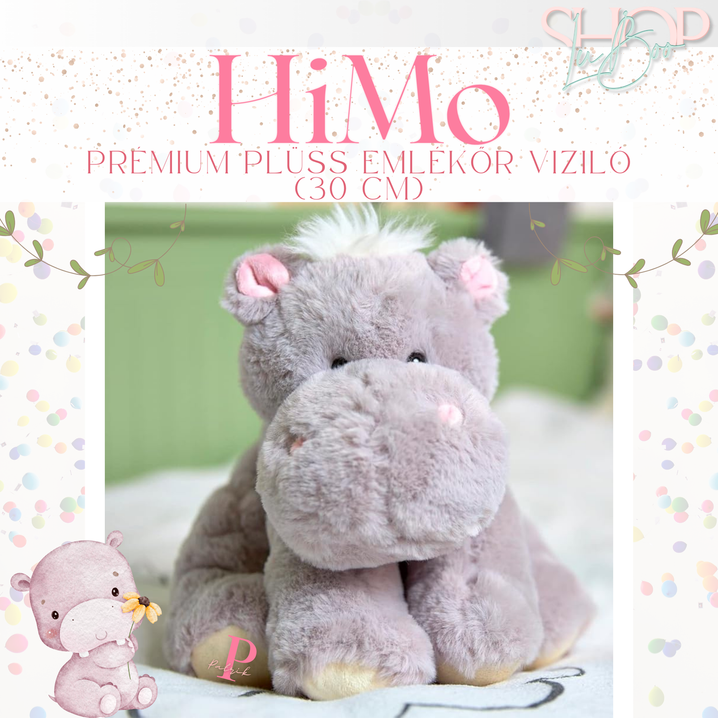 HiMo – Névre szóló emlékőr plüss víziló lányos (36 cm) – egyedi babaajándék – ShopLuBoo