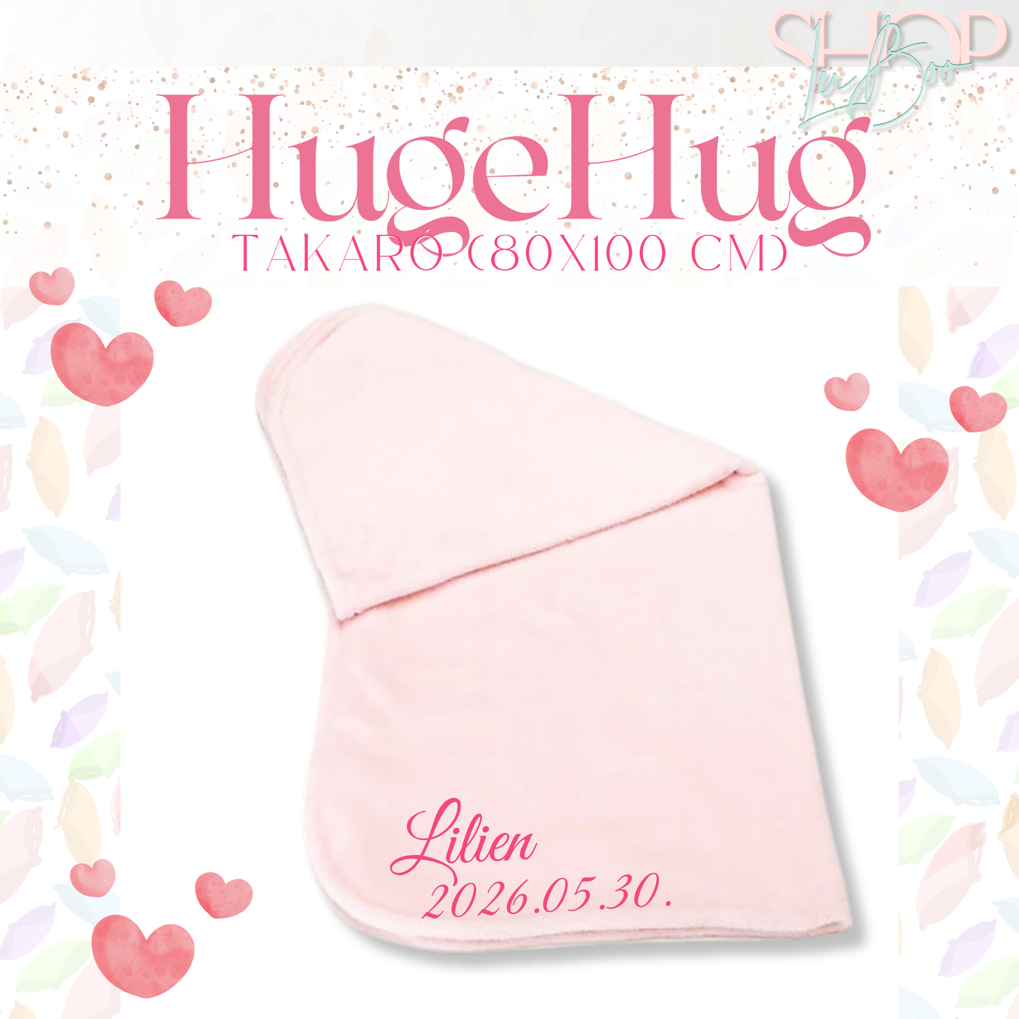HugeHug névre szóló takaró rózsaszín változat teljes nézet – egyedi babajándék | ShopLuBoo