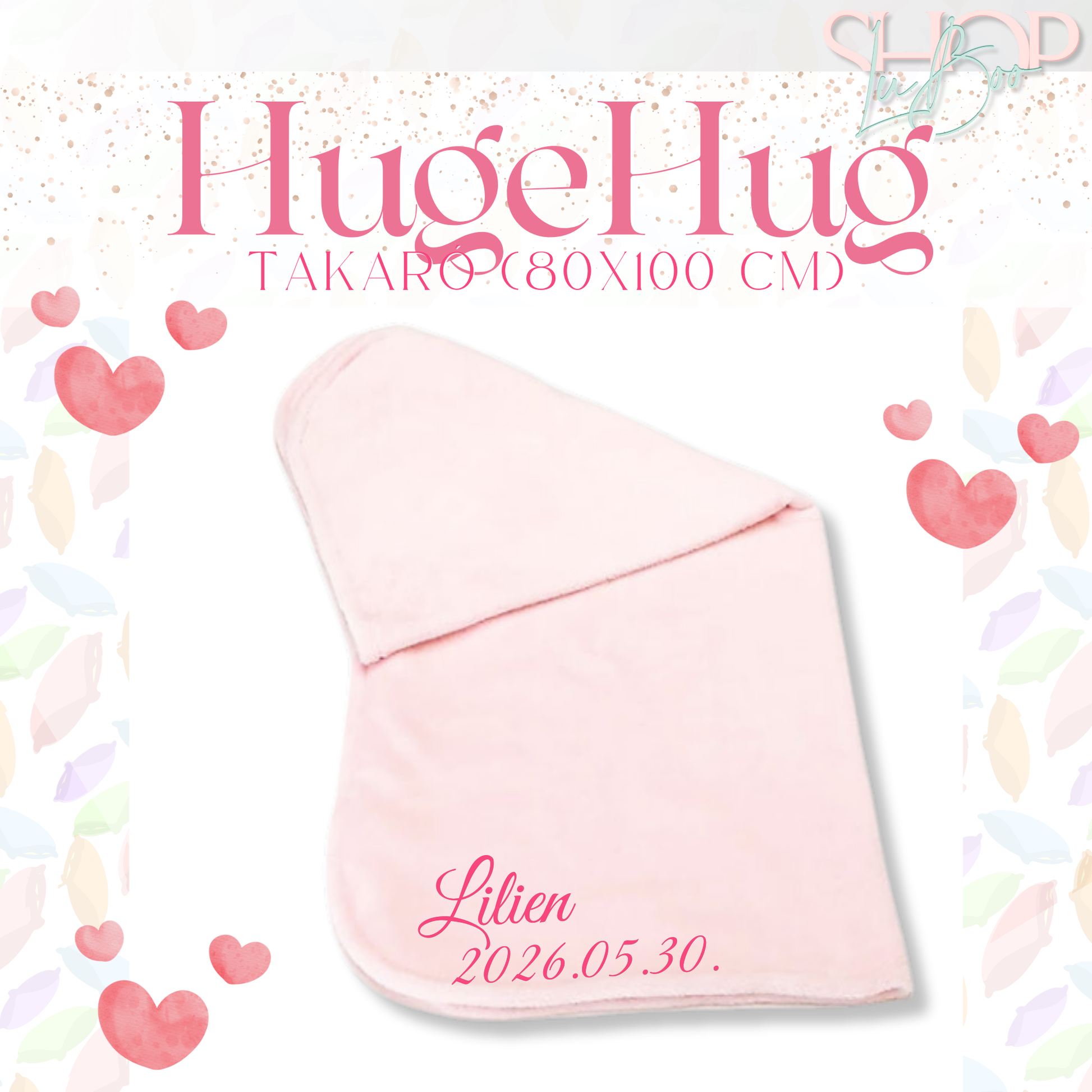 HugeHug névre szóló takaró rózsaszín változat teljes nézet – egyedi babajándék | ShopLuBoo