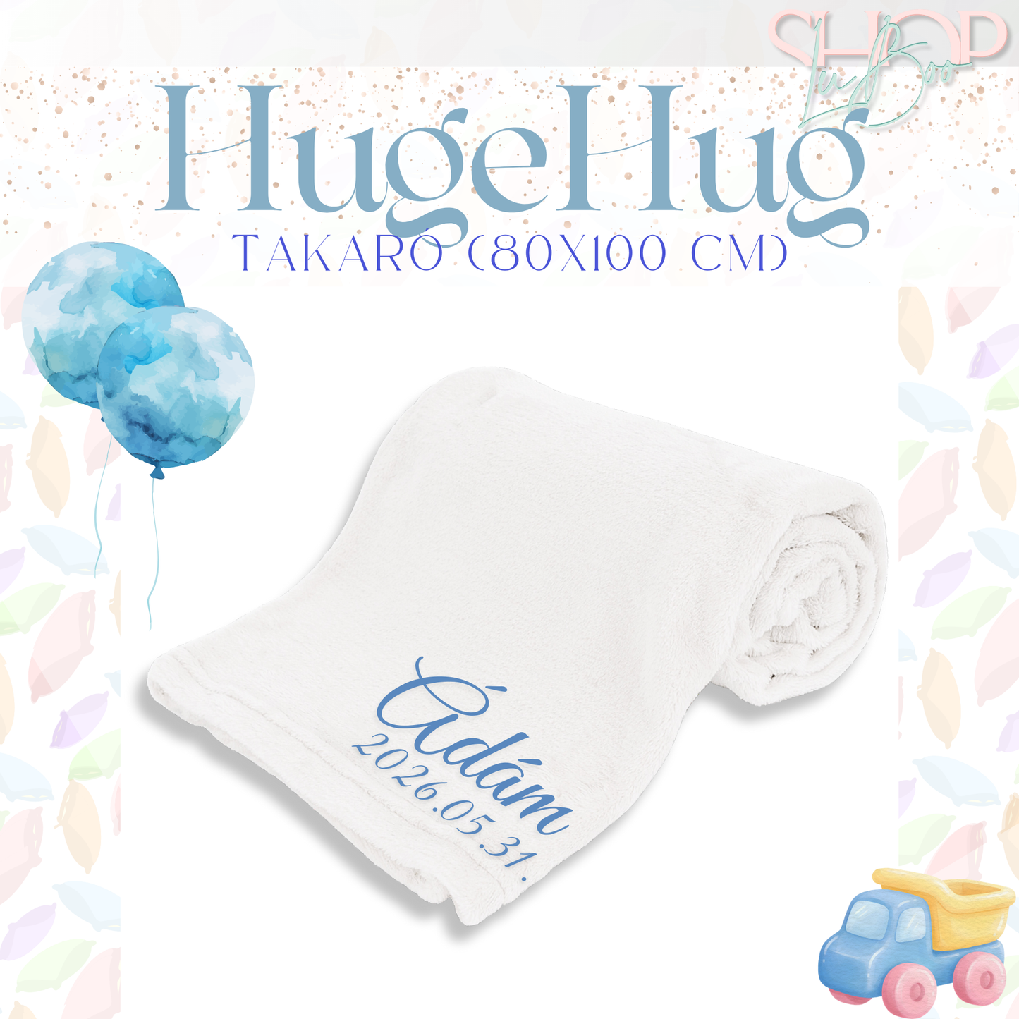 HugeHug névre szóló takaró fehér fiús változat teljes nézet – egyedi babajándék | ShopLuBoo
