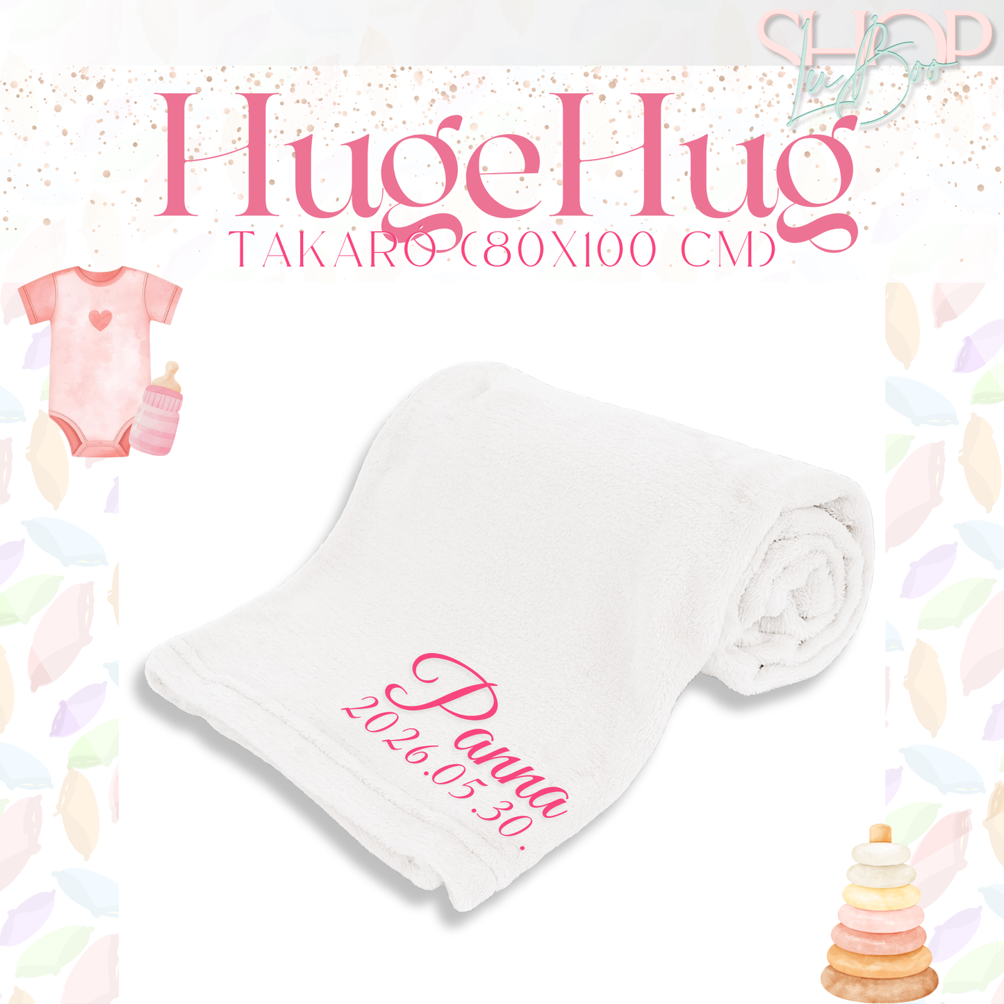 HugeHug névre szóló takaró fehér lányos változat teljes nézet – egyedi babajándék | ShopLuBoo