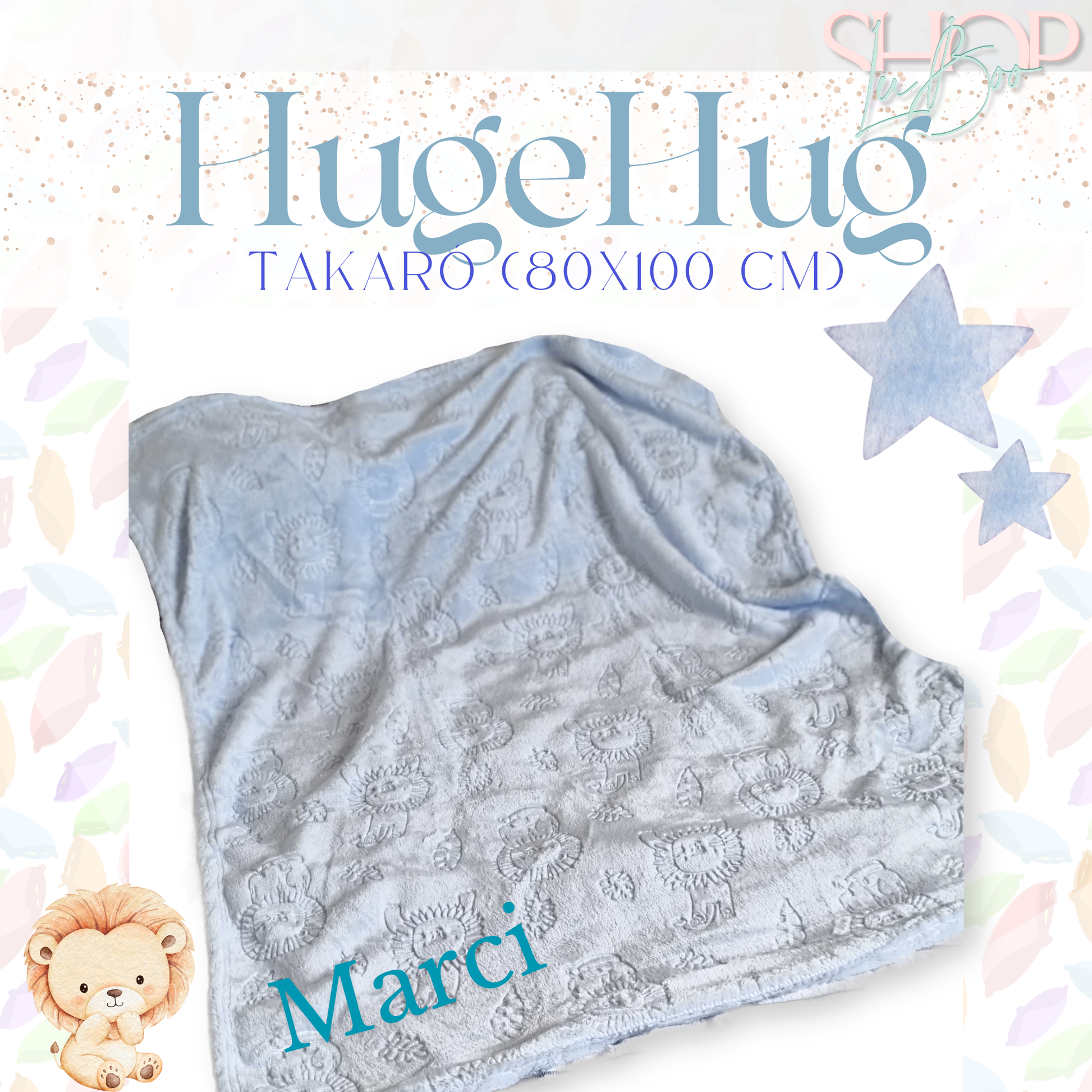 HugeHug névre szóló takaró kék névfelirat részlet – személyre szabott babajándék | ShopLuBoo