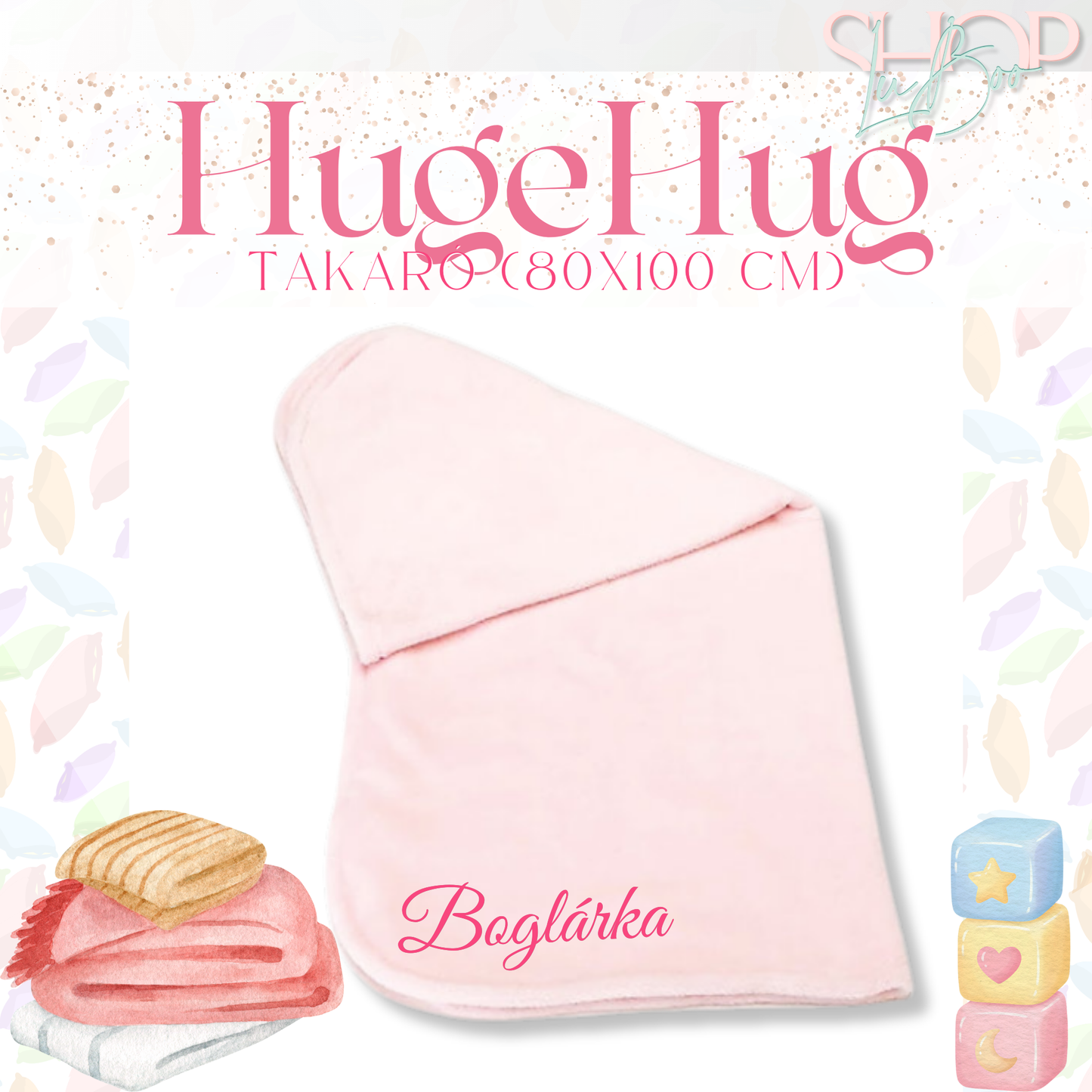 HugeHug névre szóló takaró rózsaszín névfelirat részlet – személyre szabott babajándék | ShopLuBoo