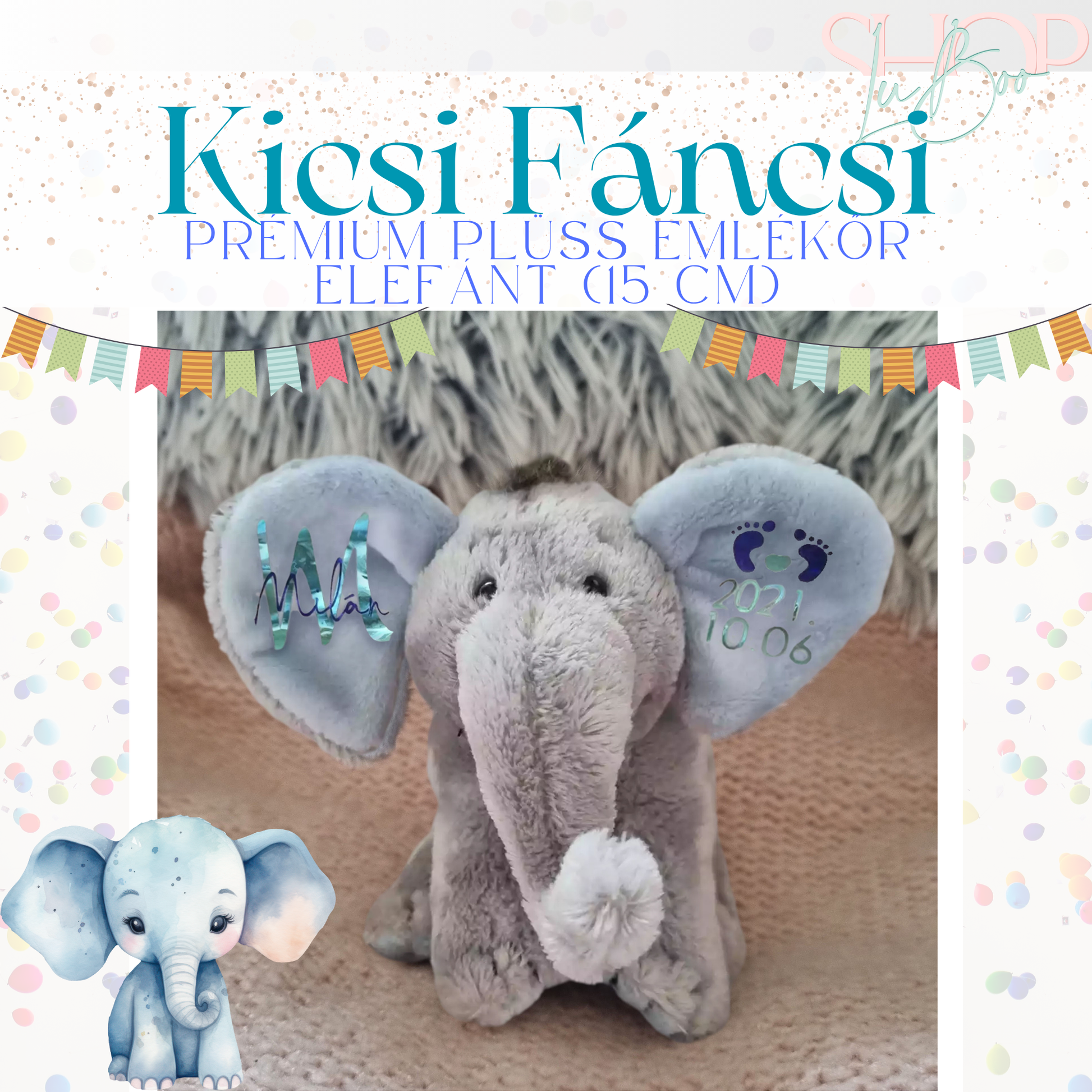 Kicsi Fáncsi prémium plüss elefánt fiús változat – névre szóló babajándék | ShopLuBoo
