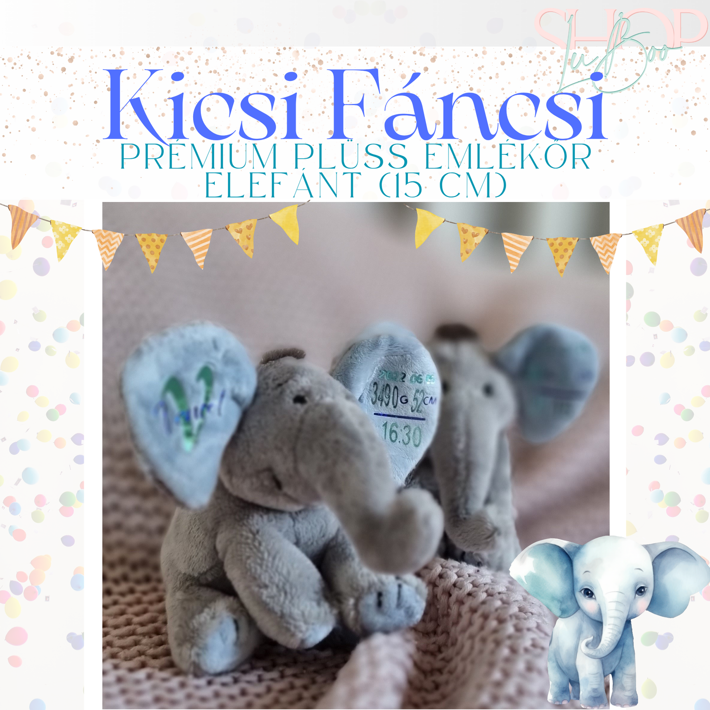 Kicsi Fáncsi plüss emlékőr elefánt fiús – személyre szabott babaajándék | ShopLuBoo