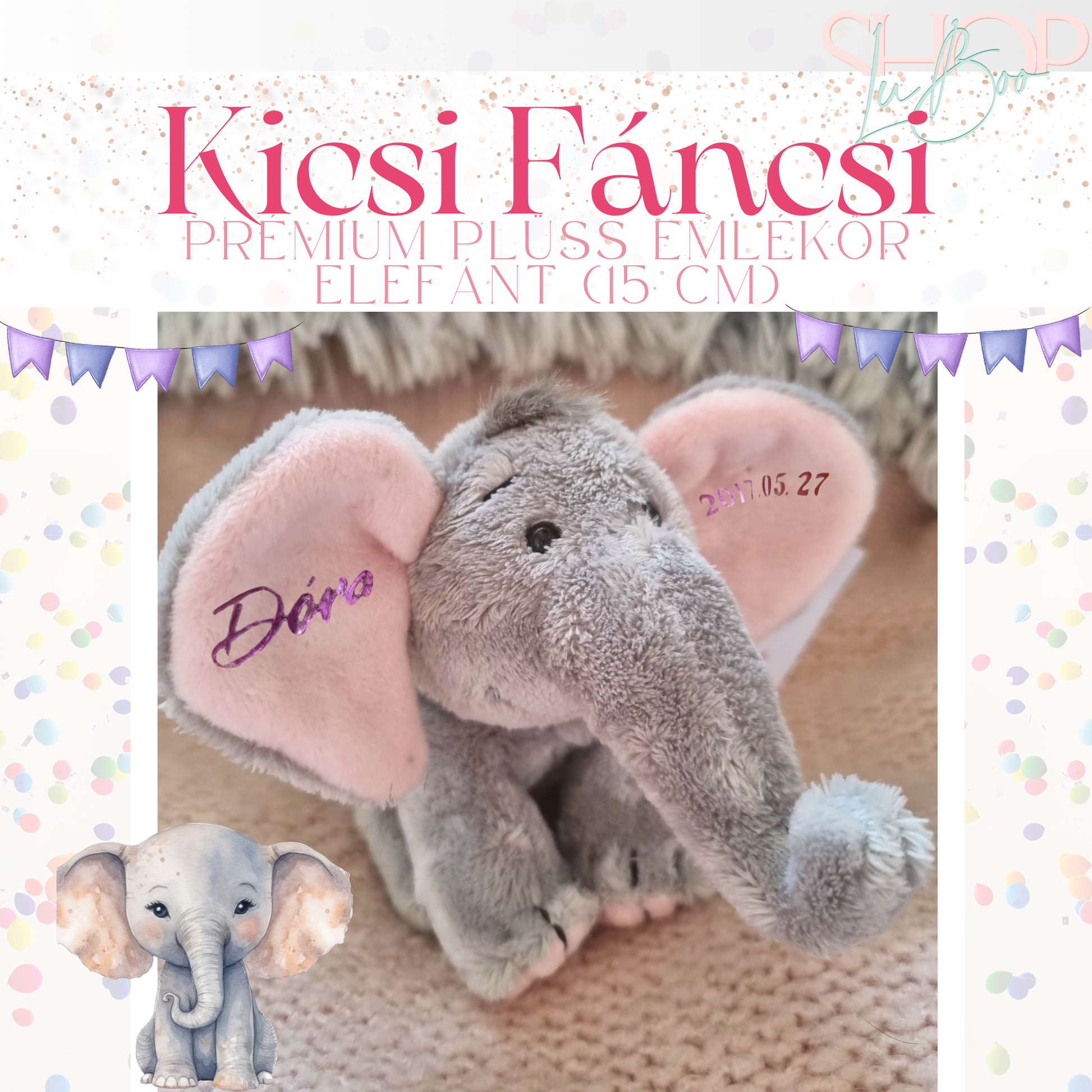 Kicsi Fáncsi plüss emlékőr elefánt lányos részlet – névre szóló babajándék | ShopLuBoo