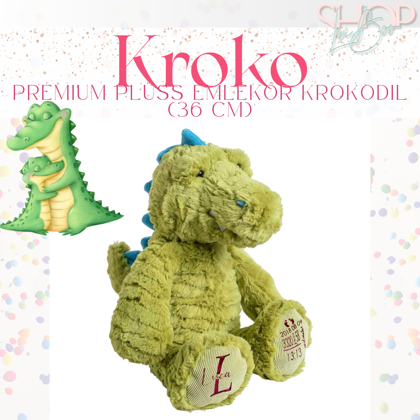 Kroko prémium plüss emlékőr krokodil lányos változat – névre szóló babajándék