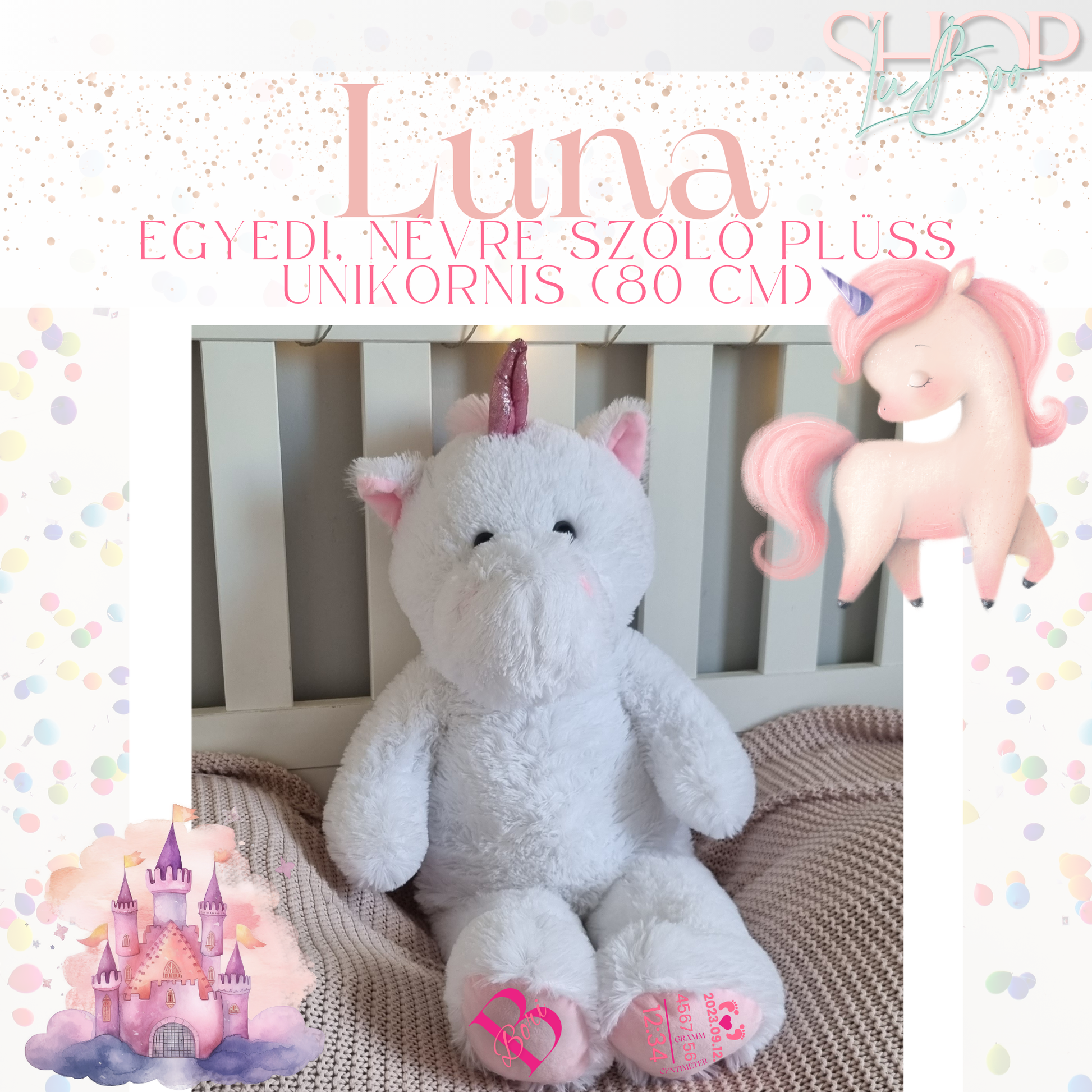 Luna óriás emlékőr plüss unikornis 80 cm – ShopLuBoo egyedi névre szóló ajándék